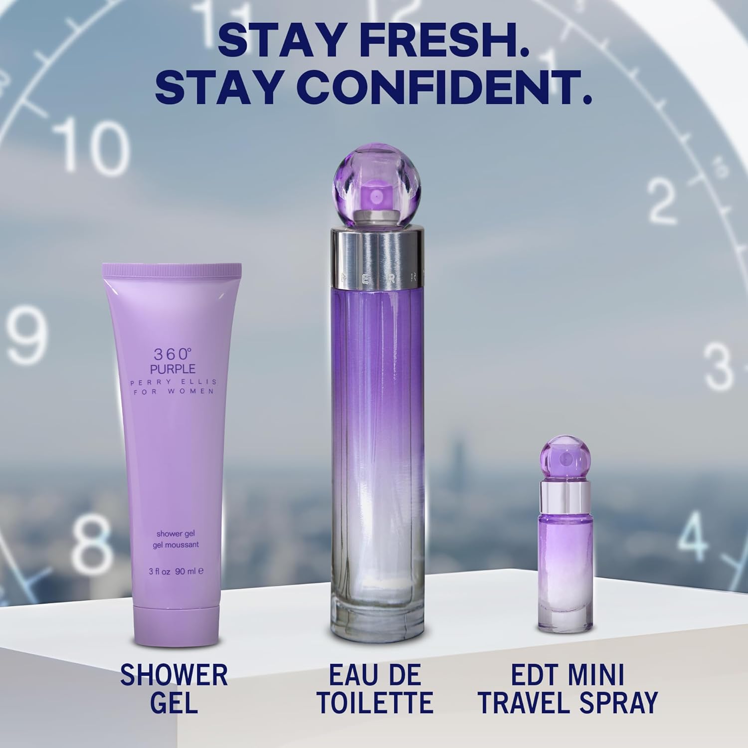 Perry Ellis 360° Purple Gift Set - Perfume Gift Sets for Women, EDT, Luxury Women's Self Care Kit with Mini Fragrance for Travel - 3.4 fl oz Eau De Parfum, 3 oz shower gel, .25 fl oz Travel Spray