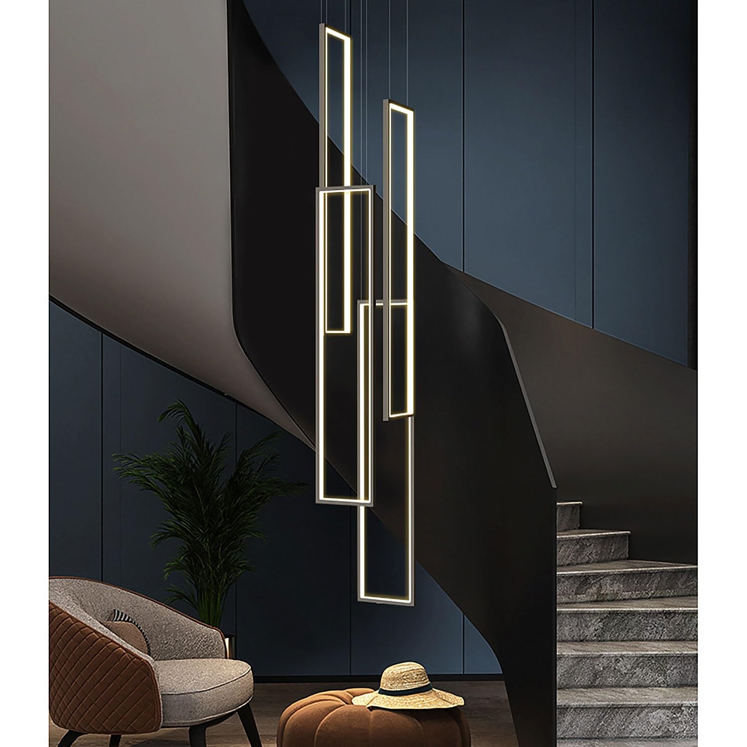 Modern LED Geometry Pendant Light Living Room Lamp Aluminum Stair Chandelier Xuanguan Bedroom Pendant Light Black Salon Dining Room Ceiling Light Acrylic Pendant Lamp ( Size : 4 heads warm color light