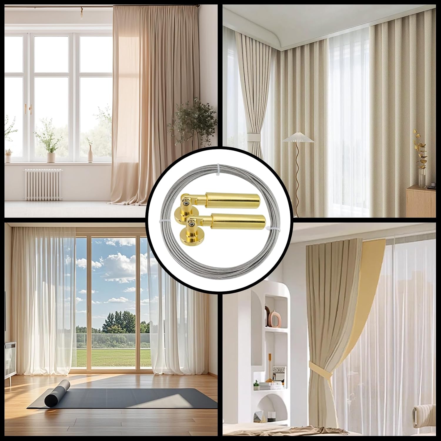 Heavy Duty Gold Wall Mount Curtain Wire Rod Set Multifunctional Stainless Steel Clothesline Picture Hanging Wire with 24 Clips for Crafts Curtain Clothes Hanging, 16.4ft/5m