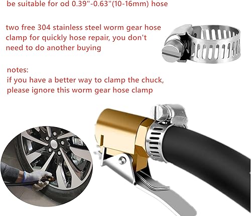 Miniatura 4 de Paquete de 2 válvulas de inflado de neumáticos de latón de 14 de pulgada con conector de bloqueo y abrazadera de acero inoxidable, mini compresor de