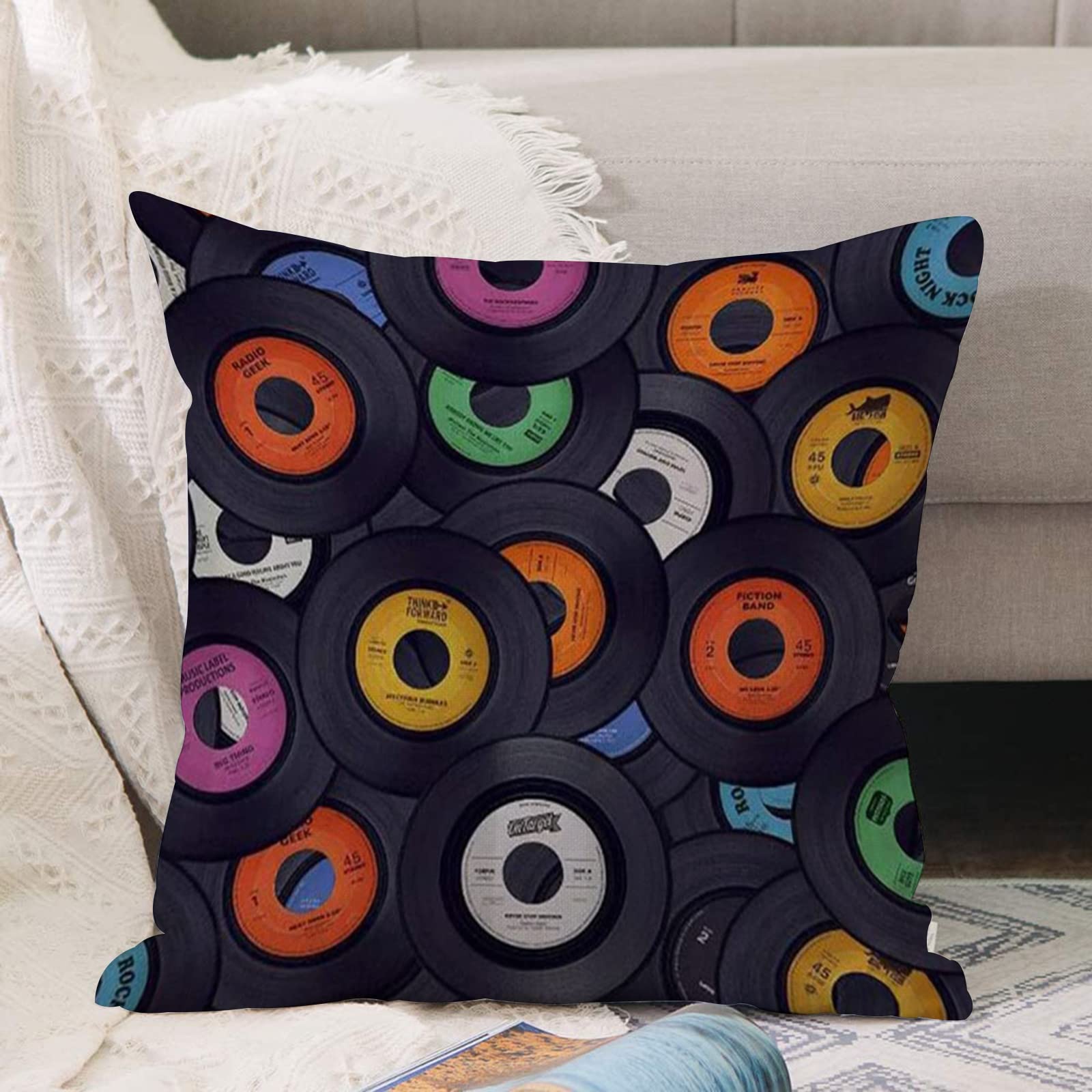 Annkoot Retro Vinyl Record Cushion Covers 18X18 Inch,,Throw Pillow Cover Soft Pillowcases With Invisible Zipper For Sofa And Couch 45X45cm