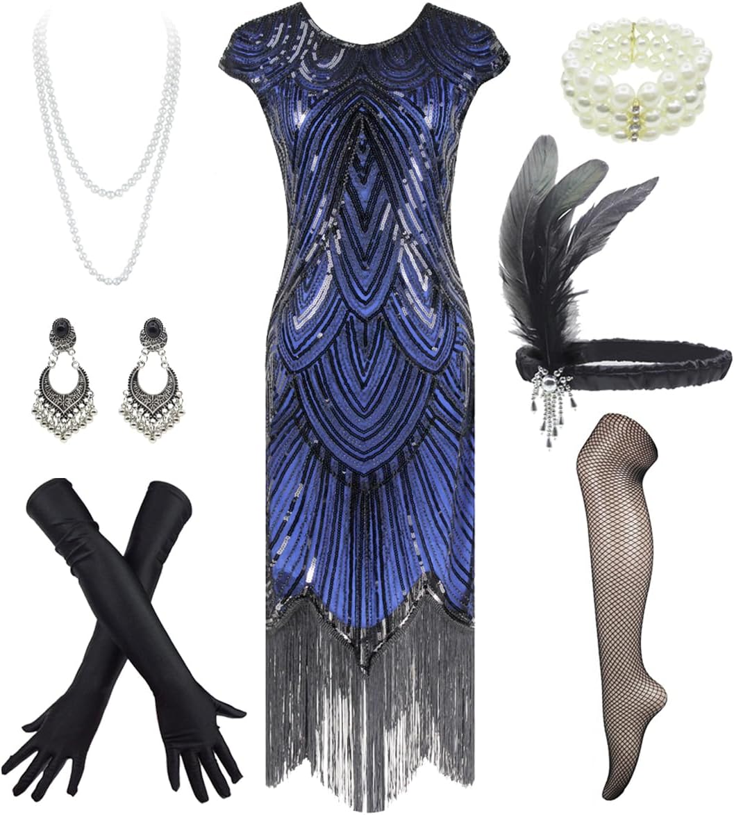 1920s Flapper Dress Roaring 20s Great Gatsby Fringed Sequin Dress Accessories Set