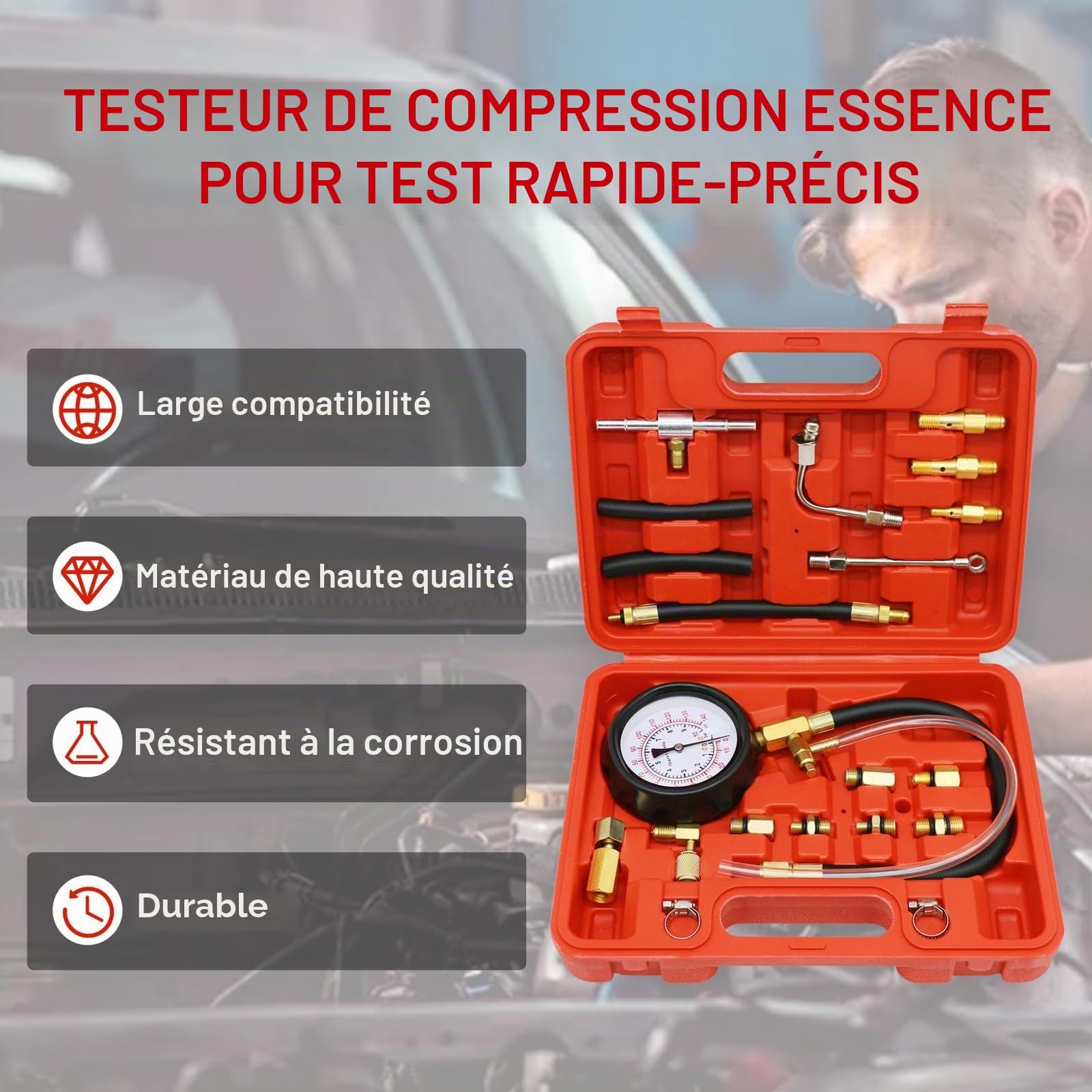Testeur de pression d'injecteur de carburant avec adaptateur et manomètre 0-140PSI Testeur de pression de pompe à carburant, voiture, camion, moto, outils de diagnostic