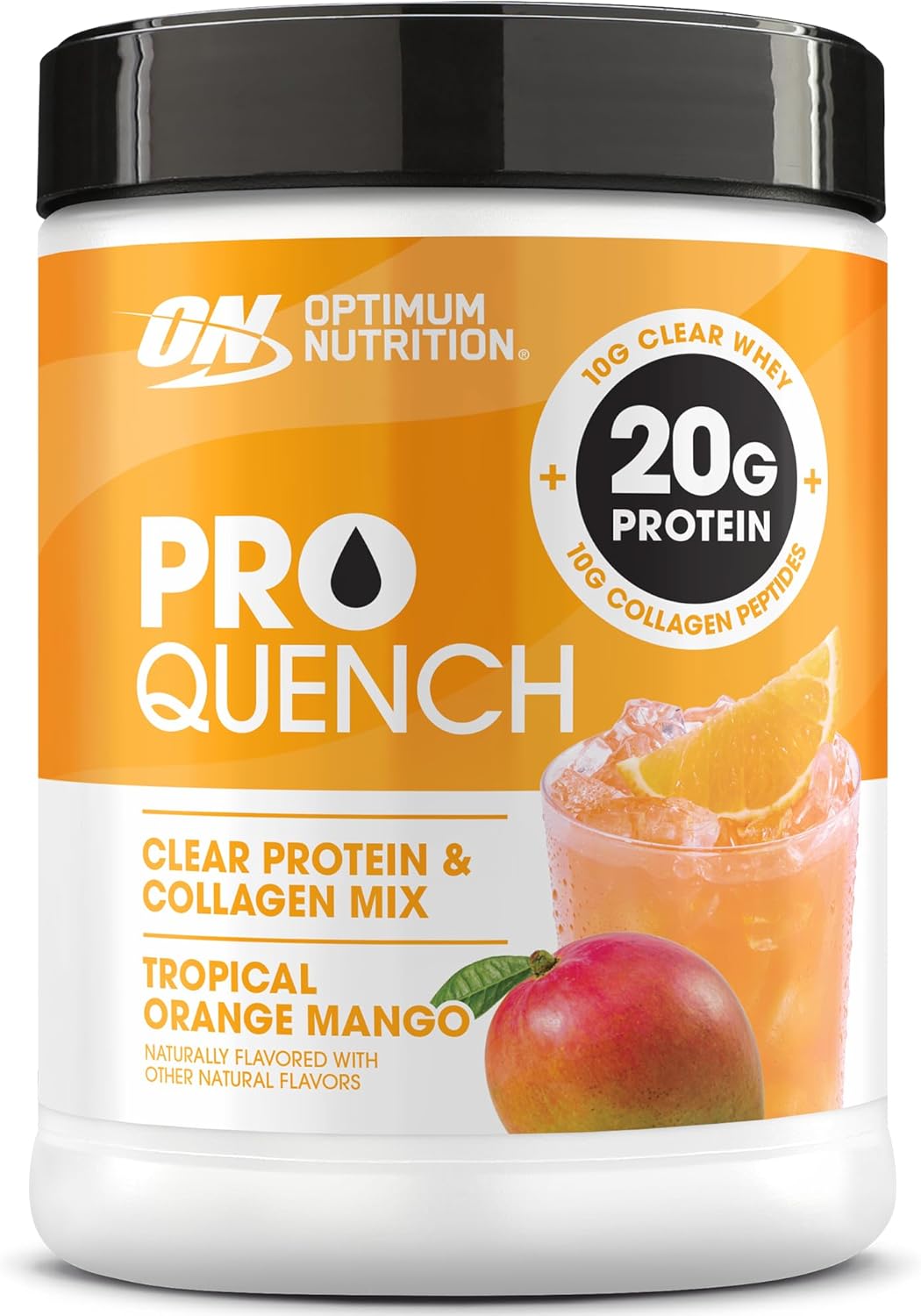 Optimum Nutrition Pro Quench, 10g Clear Protein, 10g Collagen peptides & Electrolyte Powder Drink Mix, Tropical Orange Mango, 20 Servings, 520 Grams (Packaging May Vary)