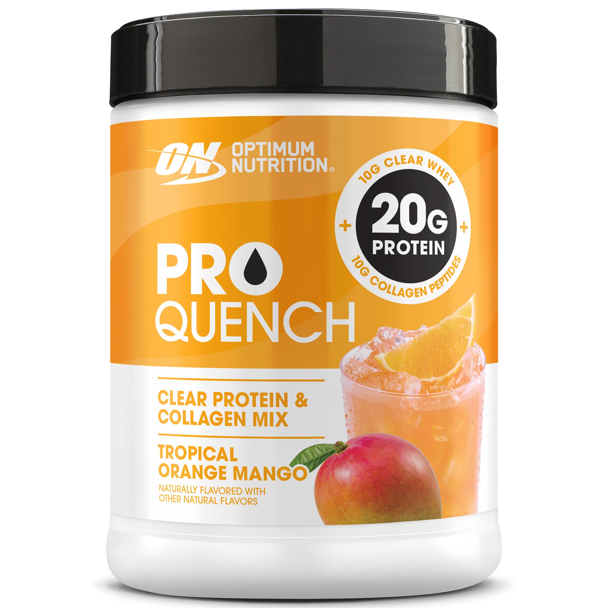 Optimum Nutrition Pro Quench, 10g Clear Protein, 10g Collagen peptides & Electrolyte Powder Drink Mix, Tropical Orange Mango, 20 Servings, 520 Grams (Packaging May Vary)