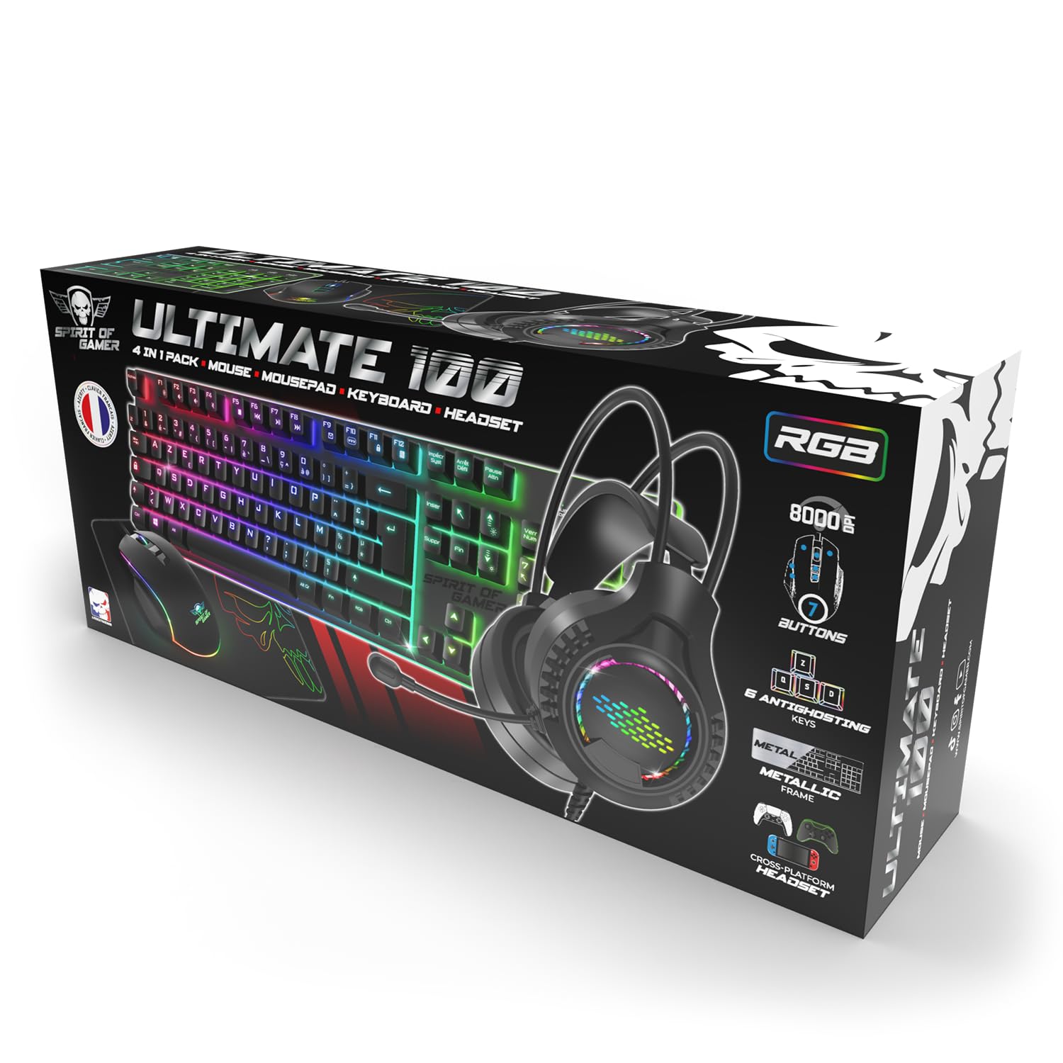Spirit of Gamer - Ultimate 100, Pack Tastiera Mouse Gamer 4in 1 cablata RGB, Cuffie Gaming & Tappetino in tessuto, Tastiera semi-Meccanica AZERTY FR, 6 Tasti Anti-Ghosting, Mouse Gamer 7 Pulsanti 8000