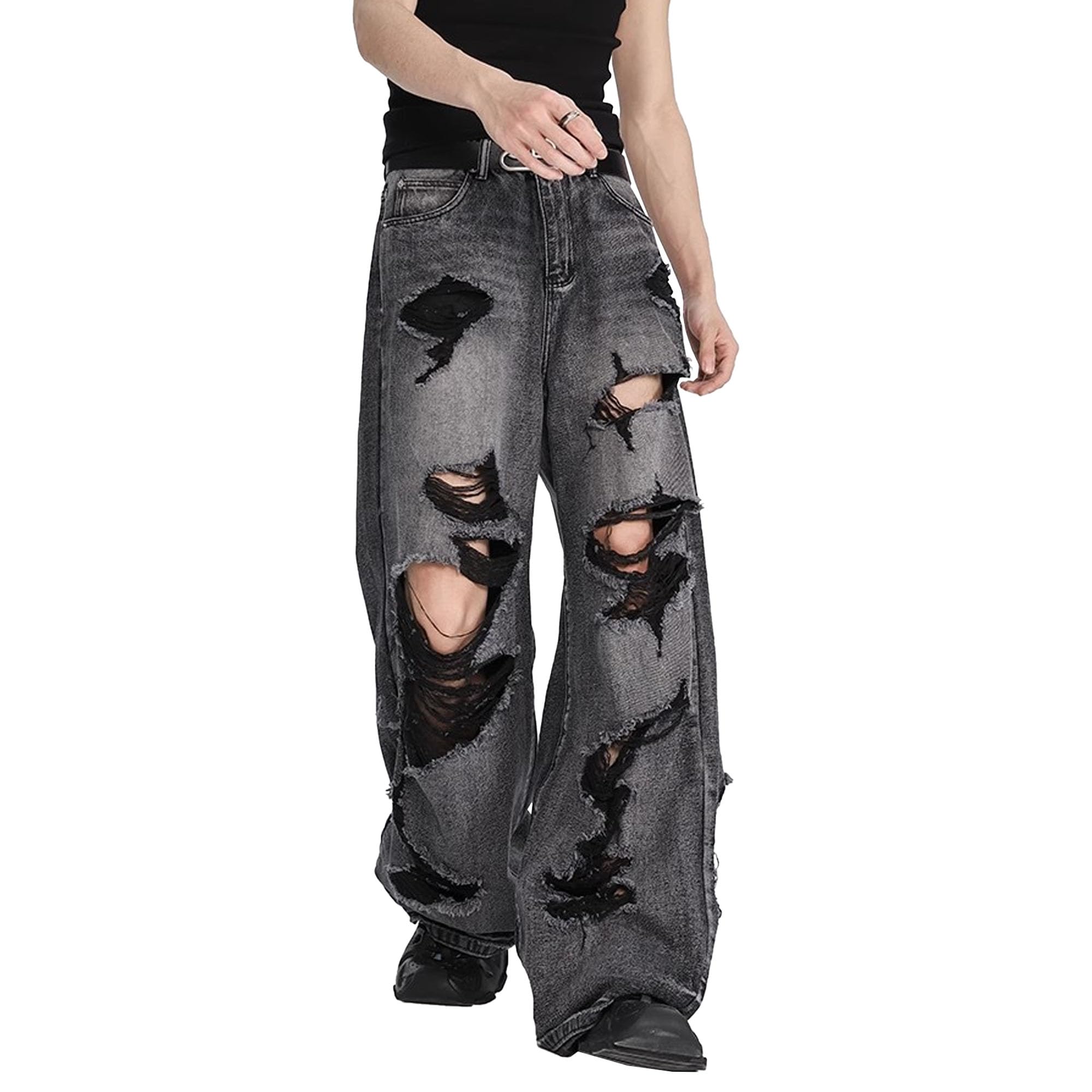 JEShifangjiusu Men Goth Wide Leg Distressed Jeans Baggy Jeans Y2K Ripped Jeans Hiphop Grunge Denim Pants with Hole