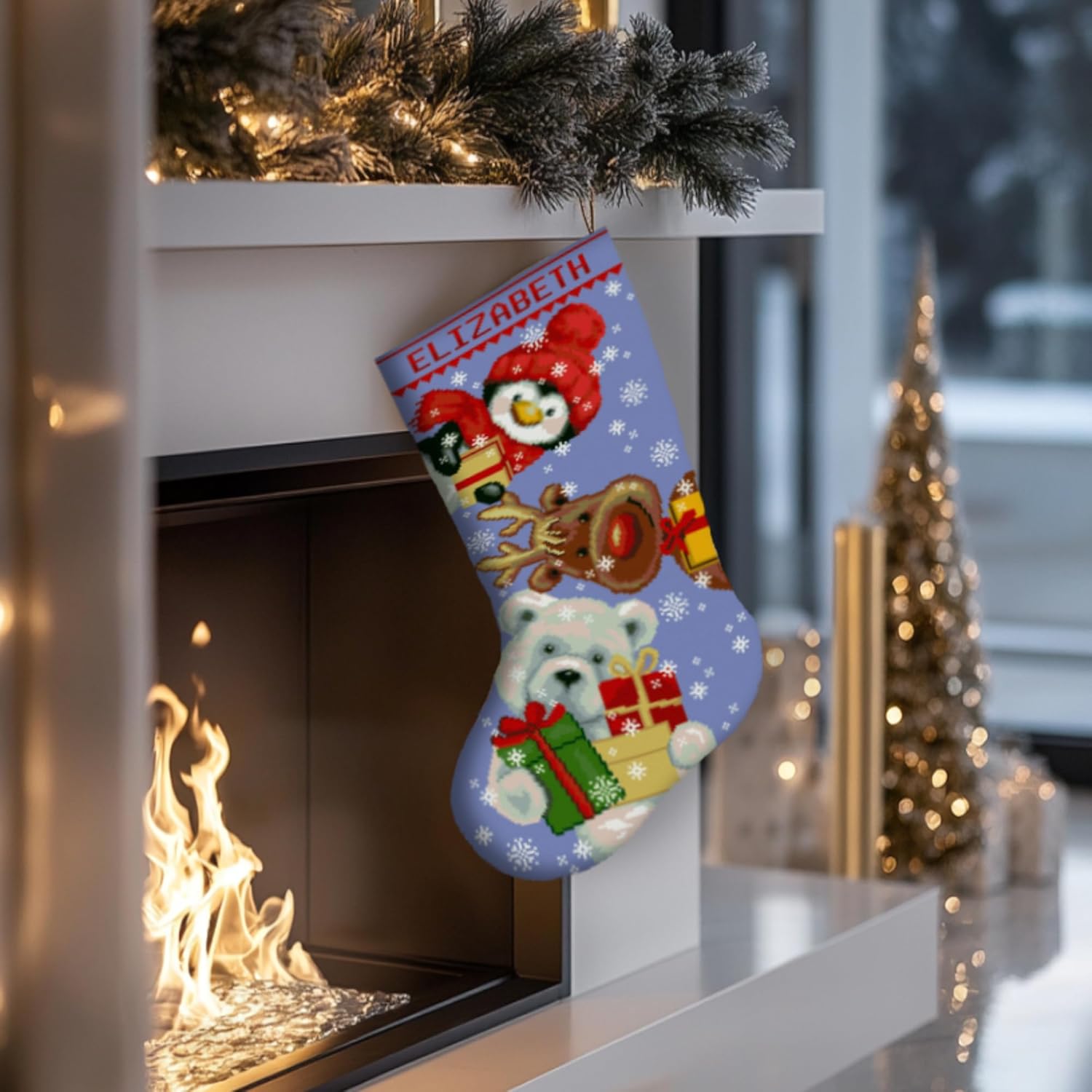 Stamped Cross Stitch Kit for Adults – Personalized Christmas Stocking with Penguin, Reindeer & Polar Bear – Counted Embroidery Pattern for Beginners – DIY Holiday Decoration