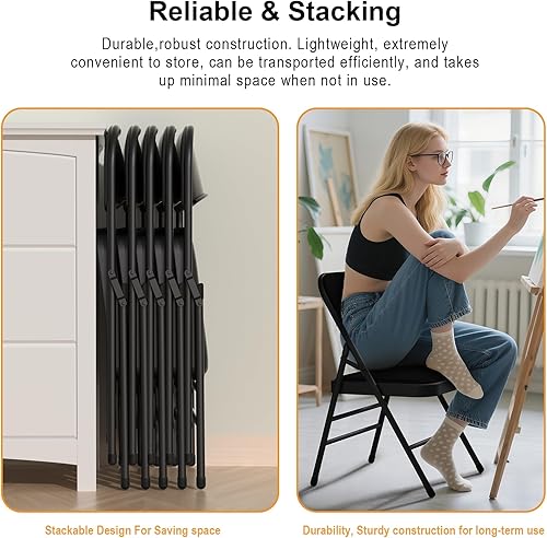 Miniatura 6 de Juego de 12 sillas plegables de tela con cojín acolchado y respaldo, asiento plegable para interiores y exteriores con marco de acero para el hogar,