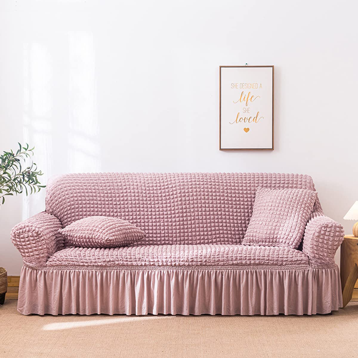 youyoucool Bubble Lattice Elegant Stretch Sofa Cover 3D Cover Couch Cover Spandex Elastic Sofa Slipcover Protector with Skirt pink3 seats