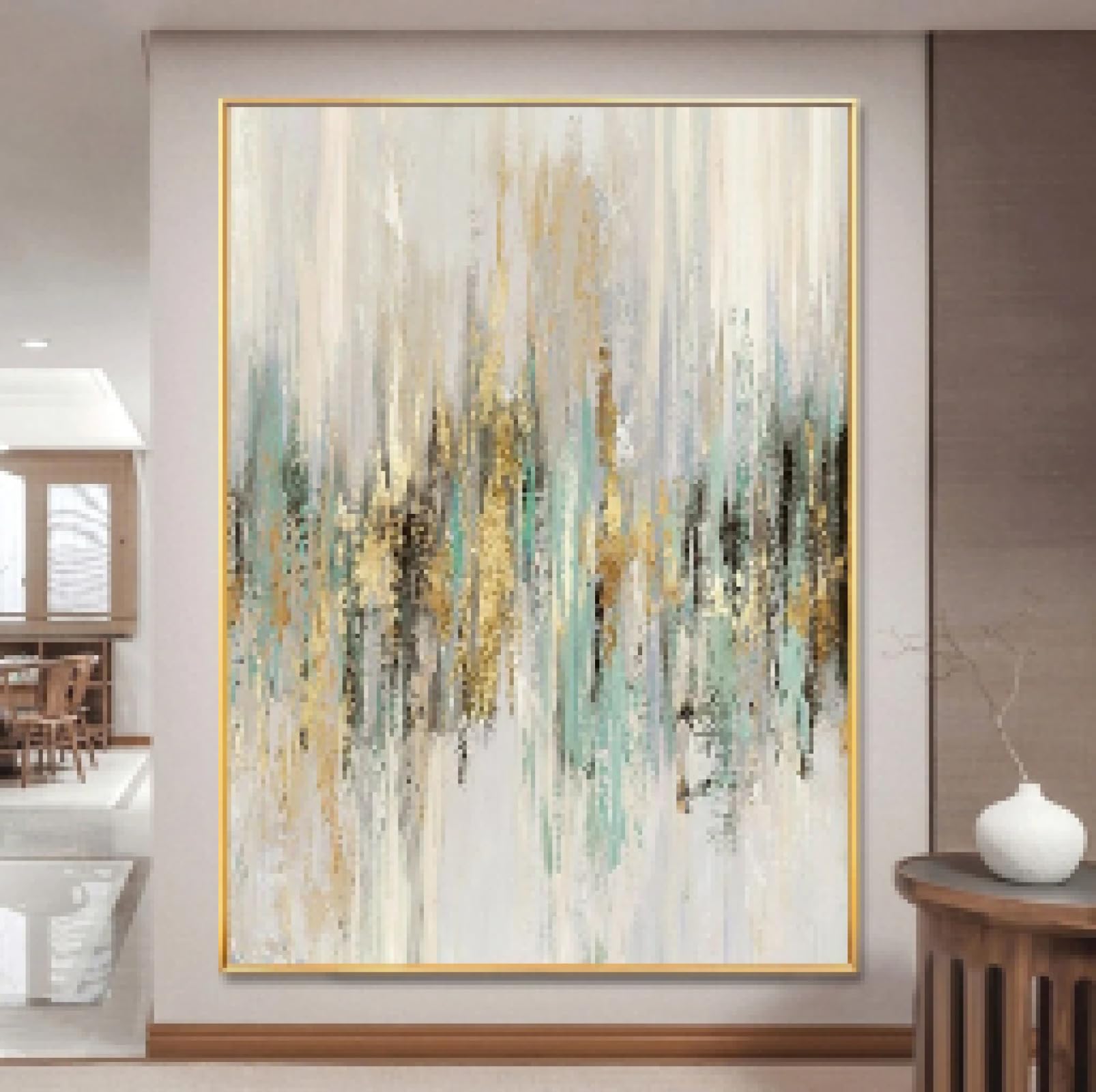 Cuadros artísticos de pared abstractos dorados, lienzo de pared abstracto, cuadro artístico, pintura al óleo, decoración de habitación, murales, ilustraciones, 90x125cm/35x49 in con marco dorado