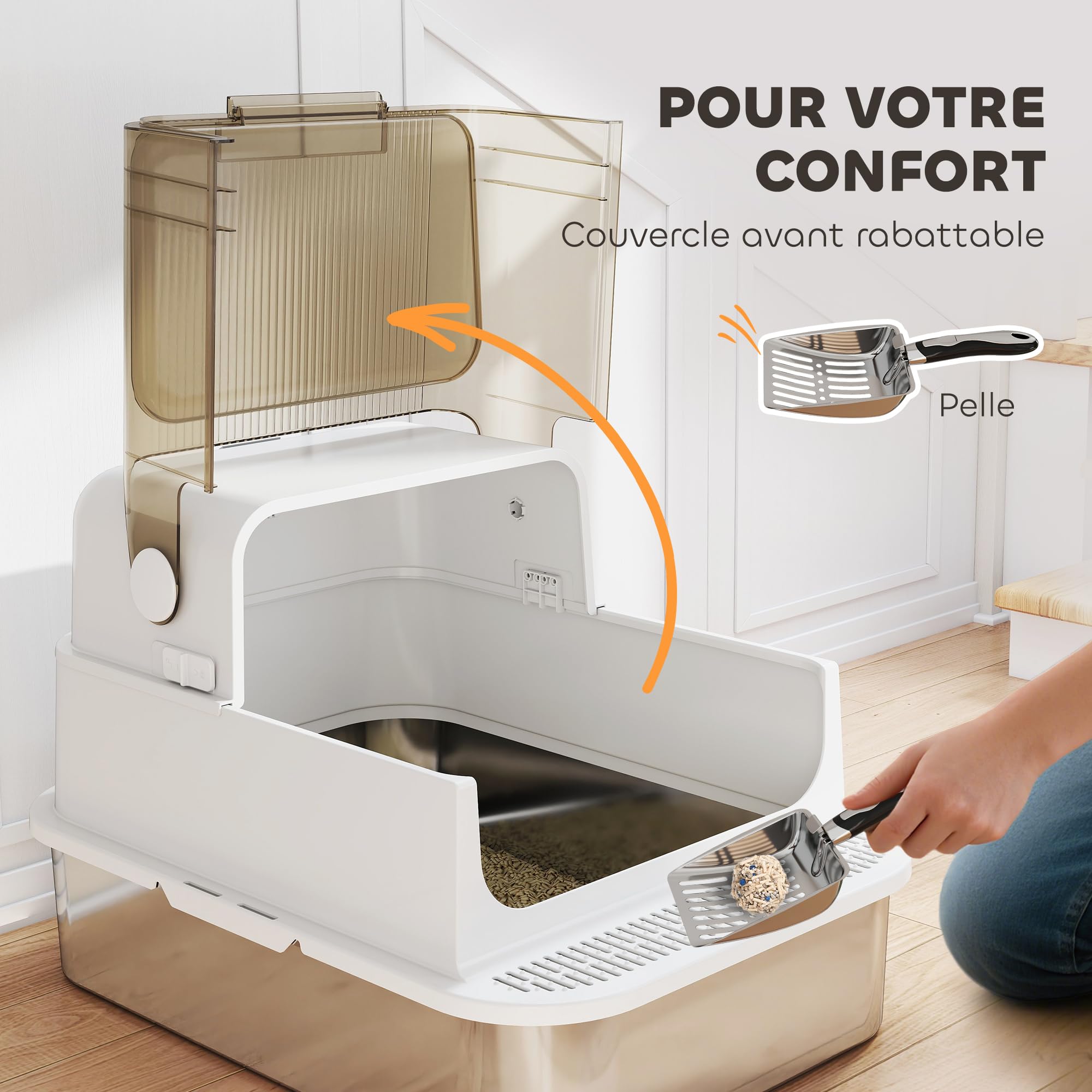 PawHut Bac à litière pour Chat fermé avec Pelle 70 x 50 x 46,5 cm Blanc | Maison de Toilette pour Chat, Acier Inoxydable, Couvercle Ouvrable, Anti-Fuite, Nettoyage Facile
