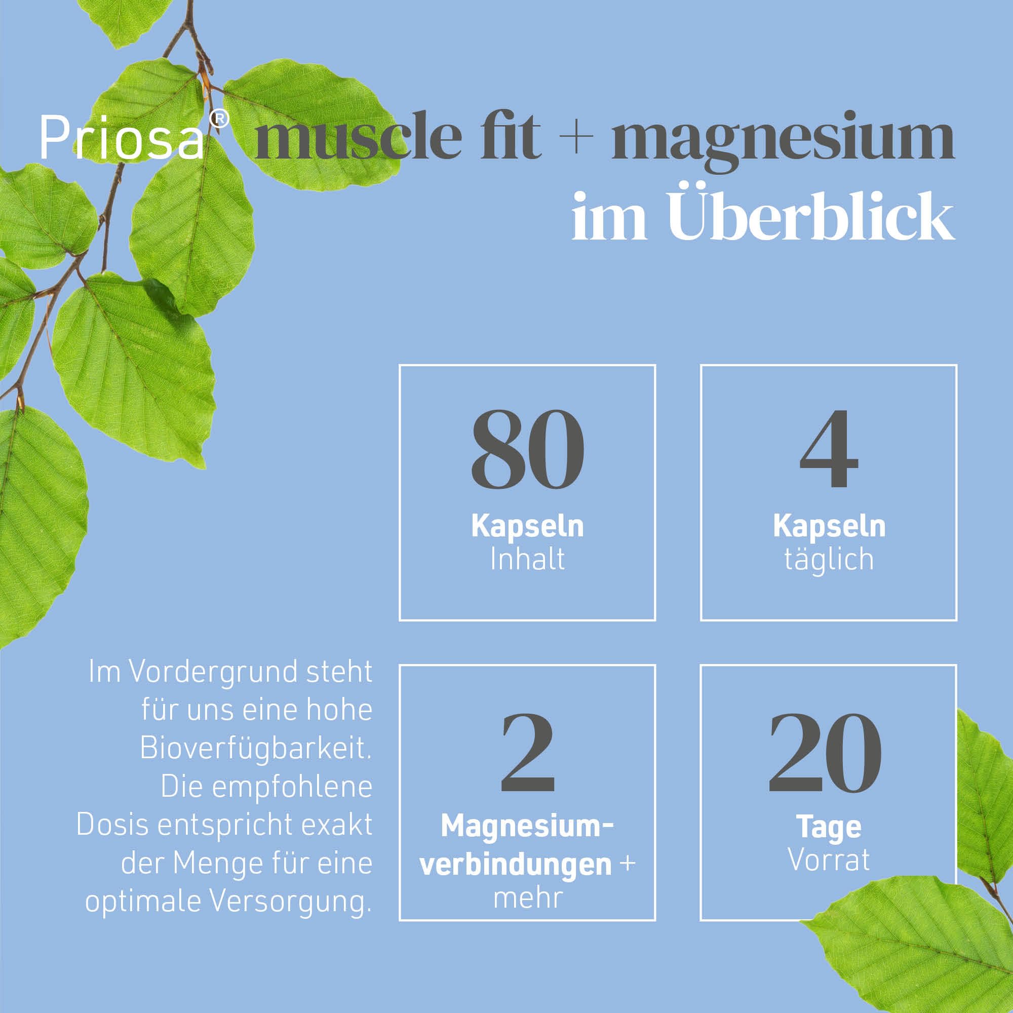 Priosa Muscle Fit + Magnesium Komplex - 80 Kapseln | Synergetische Mischung aus Magnesium, Aminosäuren, Vitaminen & CoEnzymen | hilft bei Muskelkrämpfen | Vegan, Ohne Zusatzstoffe
