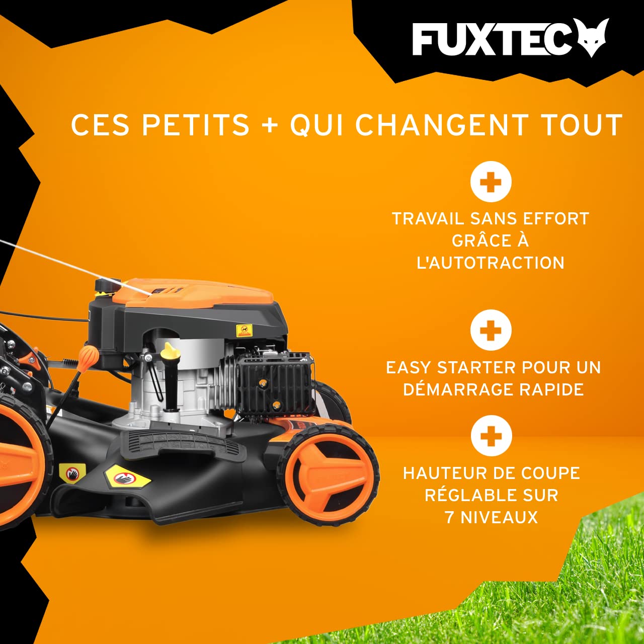FUXTEC Tondeuse Thermique FX-RM5196 51cm 196cm3 6CV 4,4KW Autopropulsée Easy Clean 4en1 Mulching Bac 60L