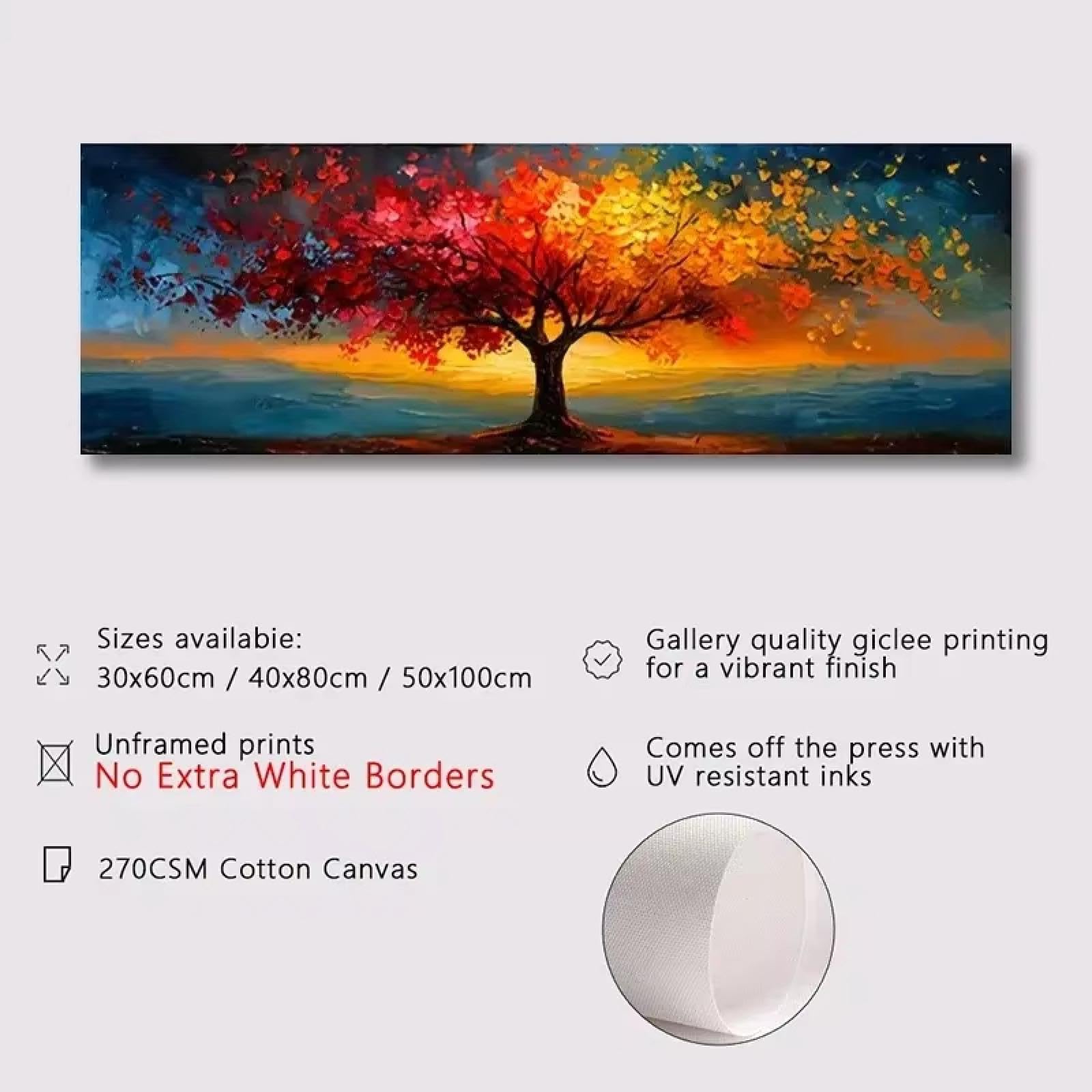 PEWFBS Grande formato astratto su tela, poster da parete, albero della vita rosso e giallo, stampa, quadri per arredamento moderno del soggiorno 70x210 cm, senza cornice.