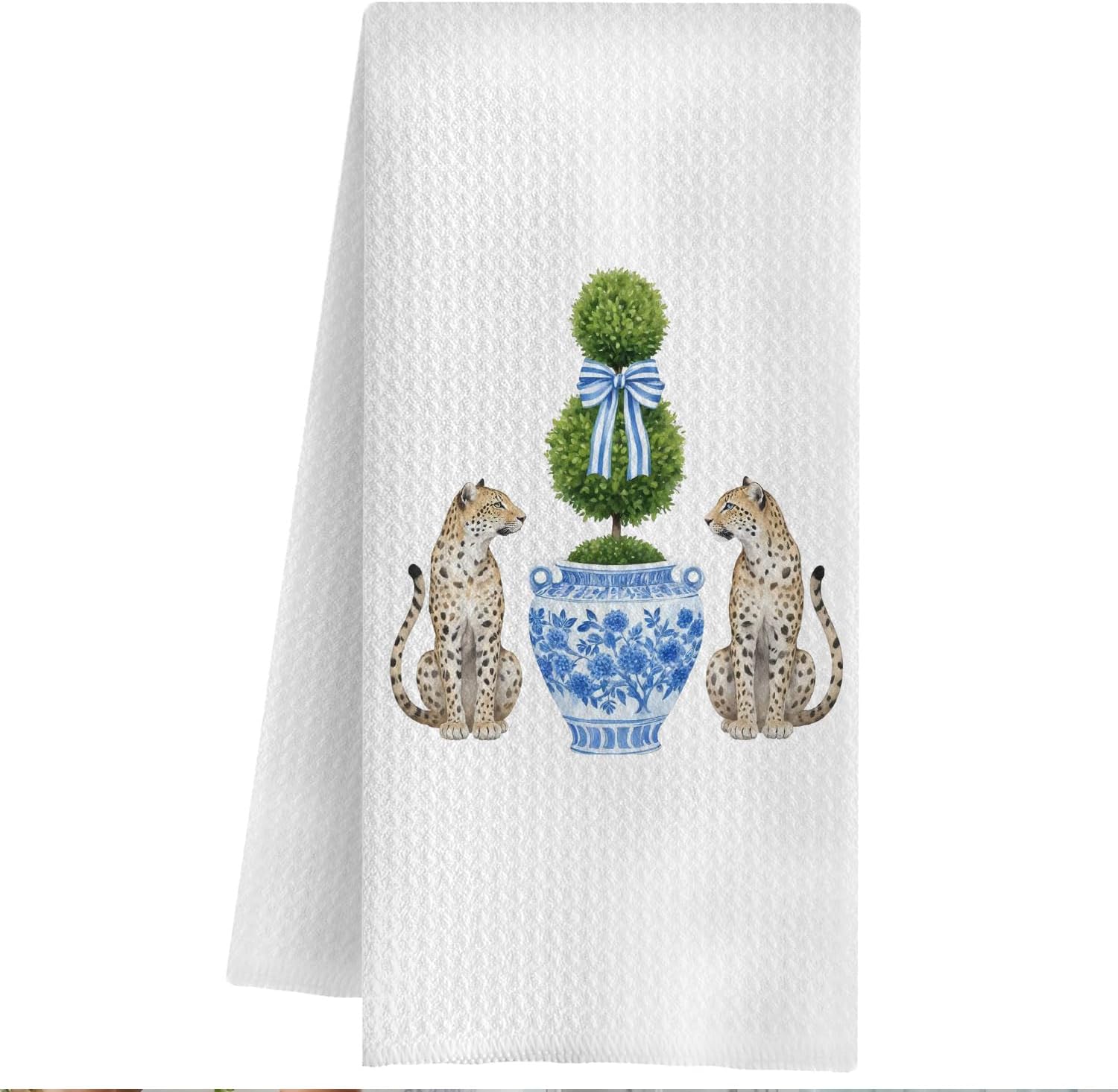 Chinoiserie Topiary Tree Leopard Kitchen Towels, Grandmillennial Cheetah Dish Tea Towels for Kitchen, Blue Bow Trimmed Tree Cheetahs Decorative Hand Towel for Bathroom, 16x24 Inch