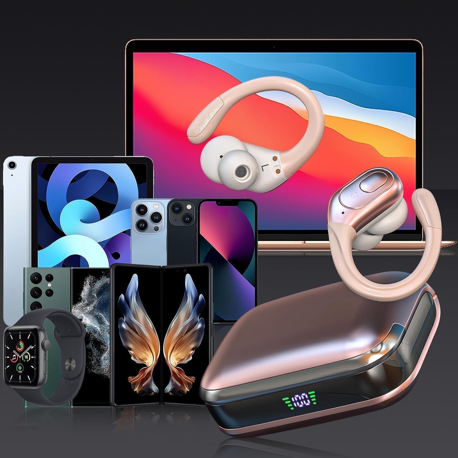 sajawass Wireless Earbuds Bluetooth 5.4 Headphones, IPX7 Waterproof Earphones, Over-Ear Earphones, Noise Canceling Ear Buds with 75hr Playtime, LED Power Display for Sports/Workouts - Rose Gold
