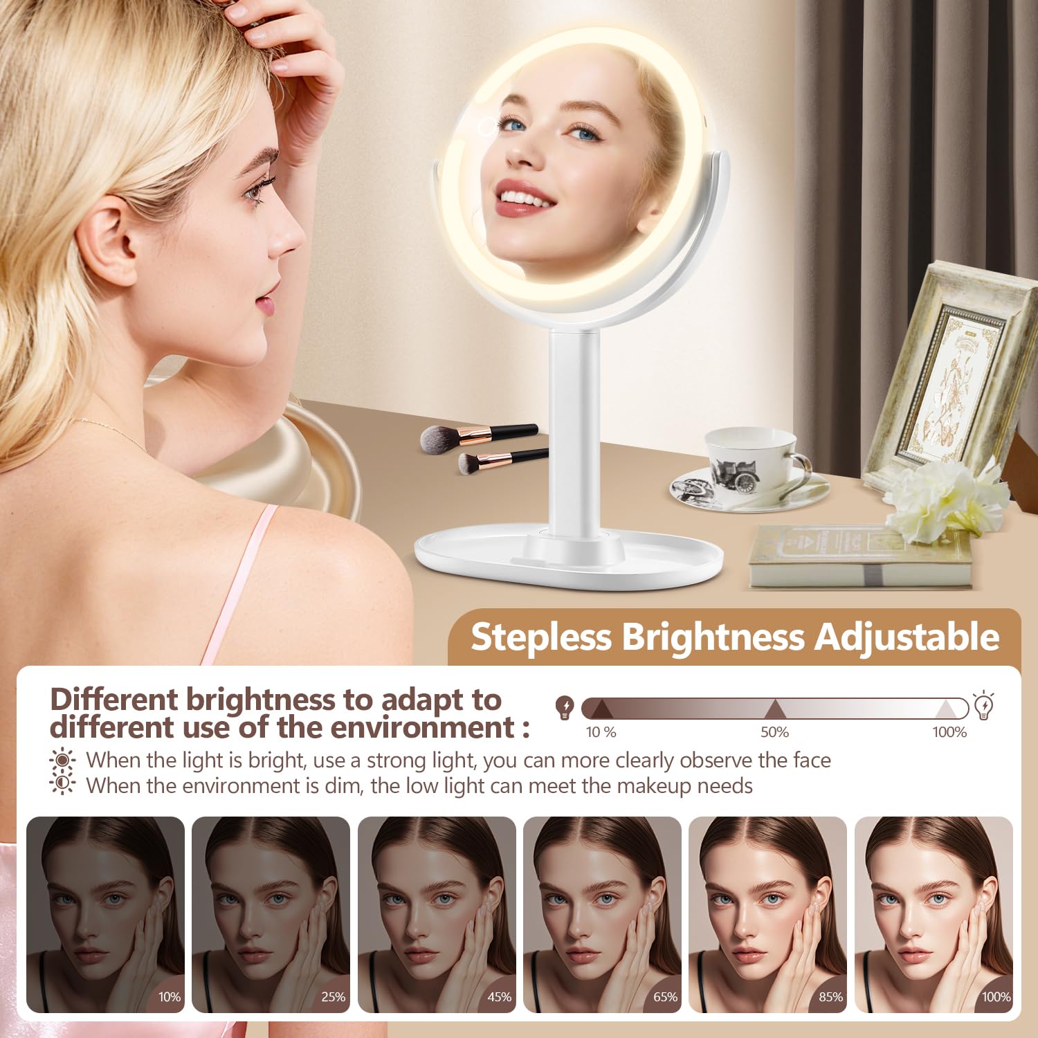 MIYADIVA Specchio per il trucco con luci, ingrandimento 30x, con interruttore su 2 lati, specchio cosmetico con 3 colori e luminosità regolabile, 80 LED, regalo ideale per il trucco quotidiano e la