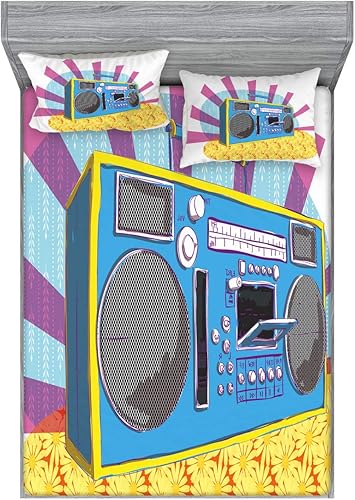 Ambesonne 70s Party Fitted Sheet & Pillow Sham Set, Retro Boom Box in Pop Art Manner Dance Music Colorful Composition Artwork Print, Decorative