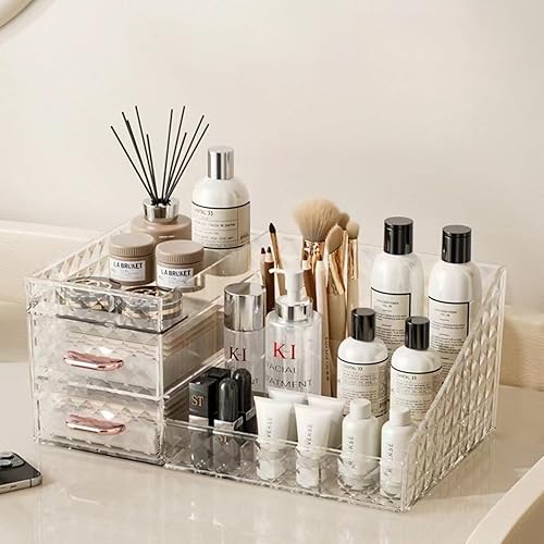 Organizador de maquillaje transparente para tocador, organizador de maquillaje de escritorio con cajones para cosméticos, pintalabios, cuidado de