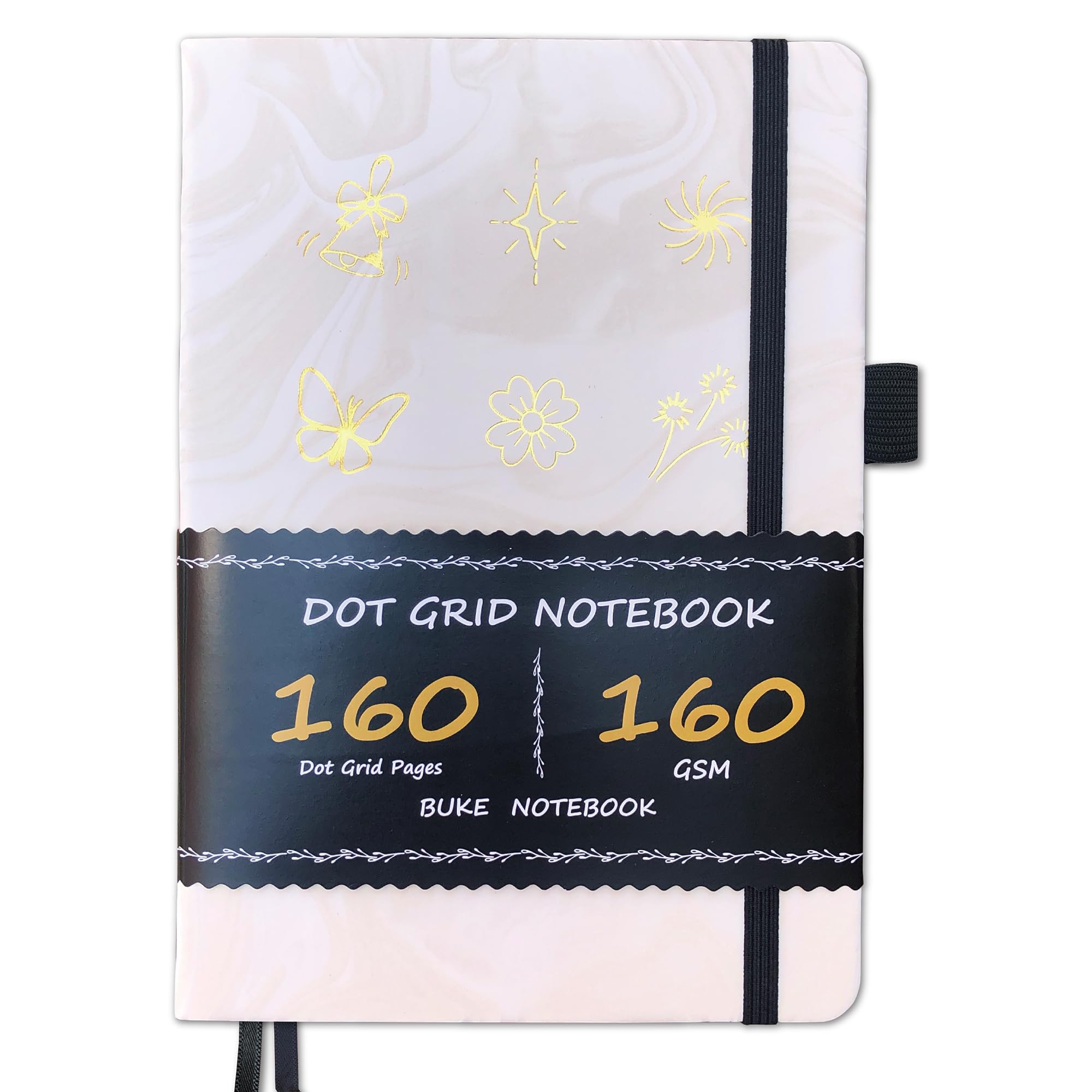 BUKE Bullet Dotted Journal - 160gsm Bamboo Paper - A5 Size Dot Grid Notebook - 160 Pages 5x5mm DOT GRID Layout - PU Leather Hardcover Fluid Texture Flowing Art And Foil Stamping In Gold Color (Cream)