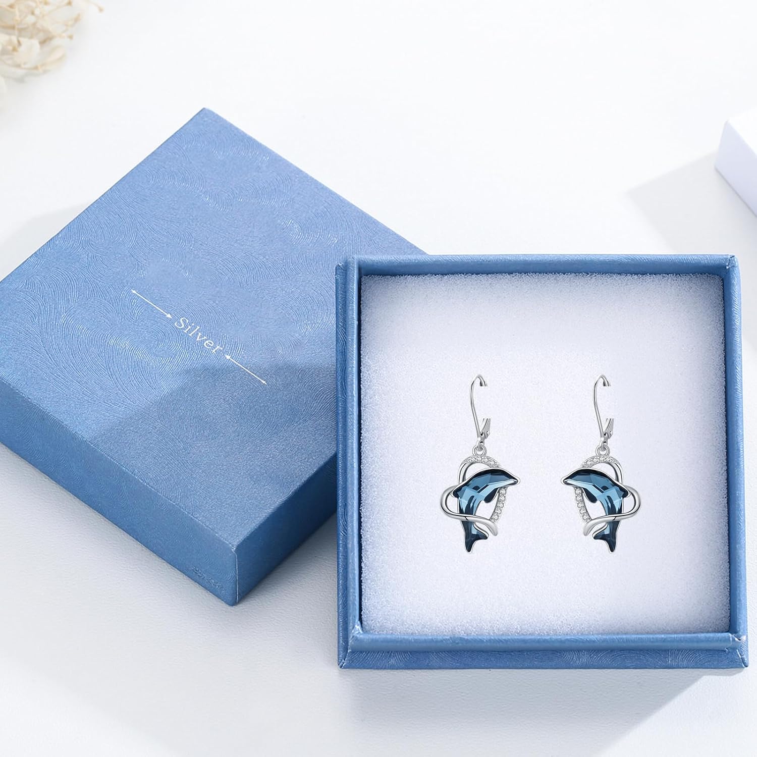 Dolphin Earrings for Women 925 Sterling Silver Blue Crystal Infinity/Heart Dolphin Earrings Animal Beach Jewelry for Women - Image 7