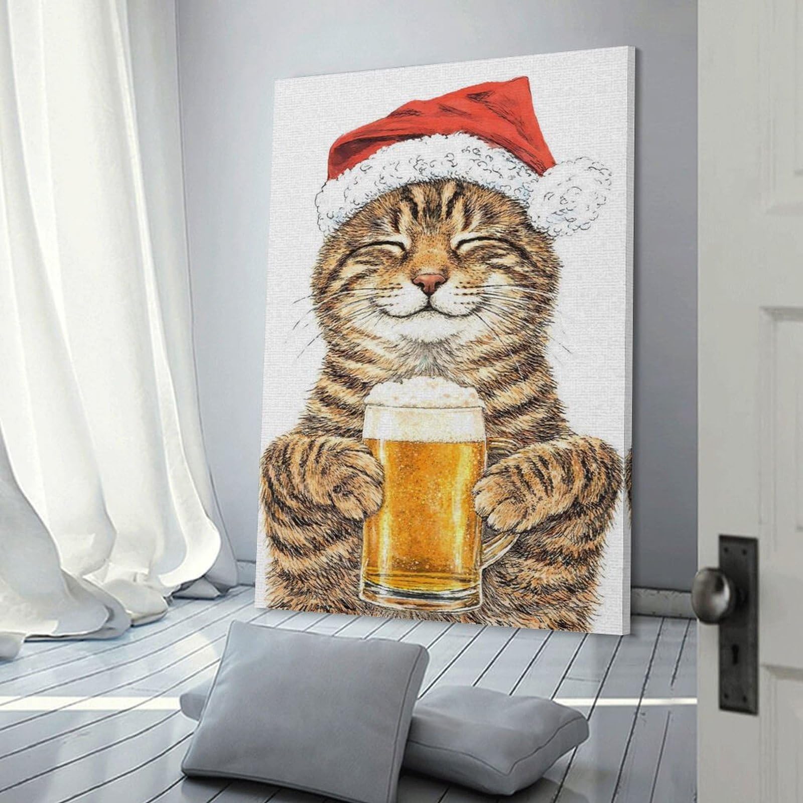 Junmoney Cat in Santa Hat with Beer Canvas Wall Art, 20x30inch(50x75cm), for Workspace Walls, Study Corners Or Bedrooms, An Interior Accent for Desk Areas