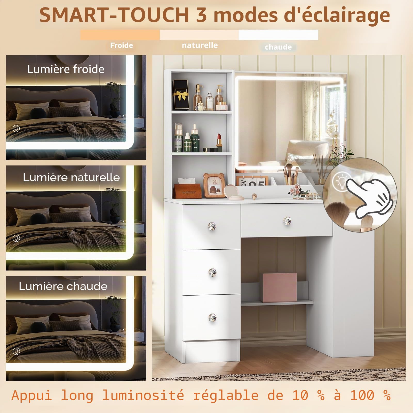 Coiffeuse avec Miroir LED Blanche - Coiffeuse avec 4 tiroirs et étagères de Rangement latérales, 90 cm Moderne Poignées Diamant