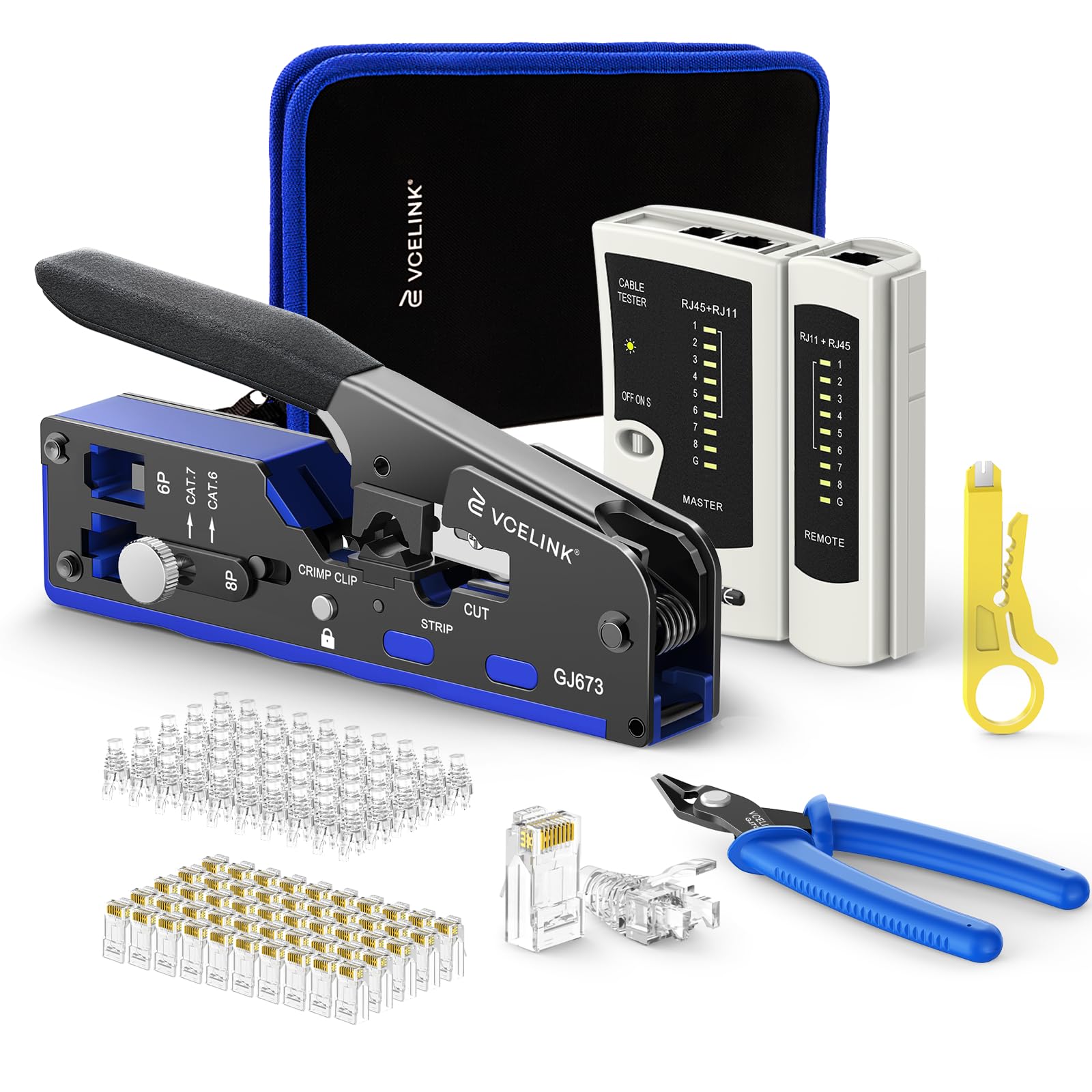 VCELINK RJ45 Crimp Tool Kit Advanced, All-In-1 CAT7/6/5 Crimper, Blue