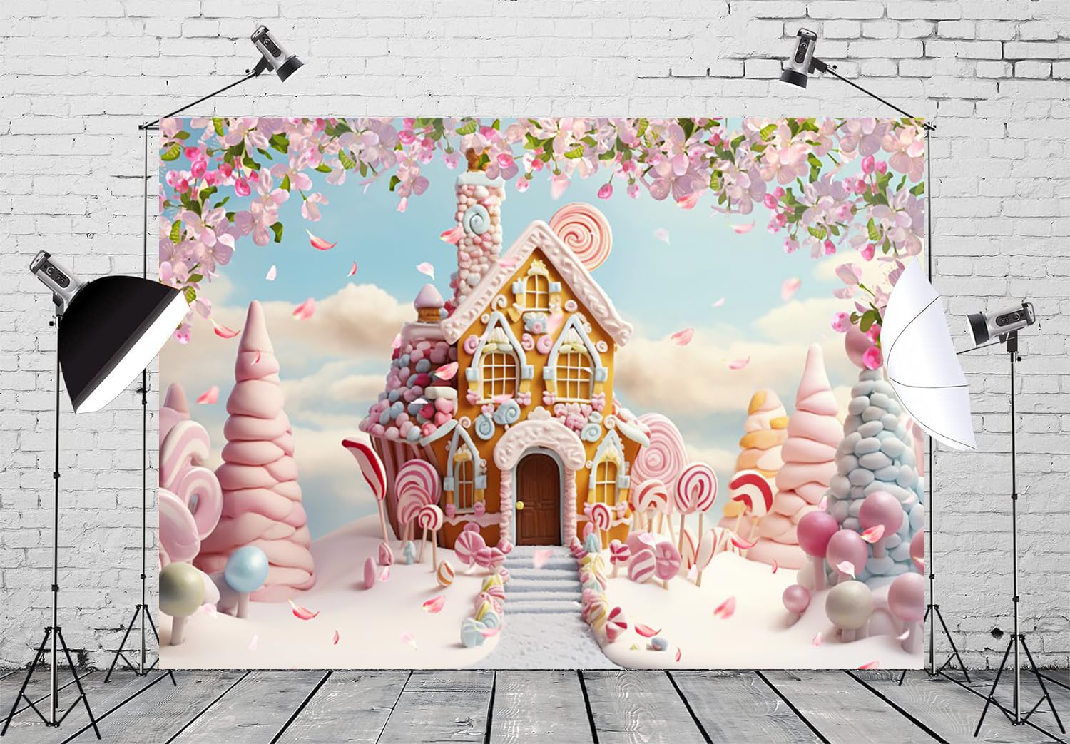 10x8ft Christmas Village Backdrop Winter Snow Gingerbread House Photography Background Sweet Candy Cane Merry Xmas Wallpaper Decorations Fairy Tale Town Kids Party Banner Photo Booth Props