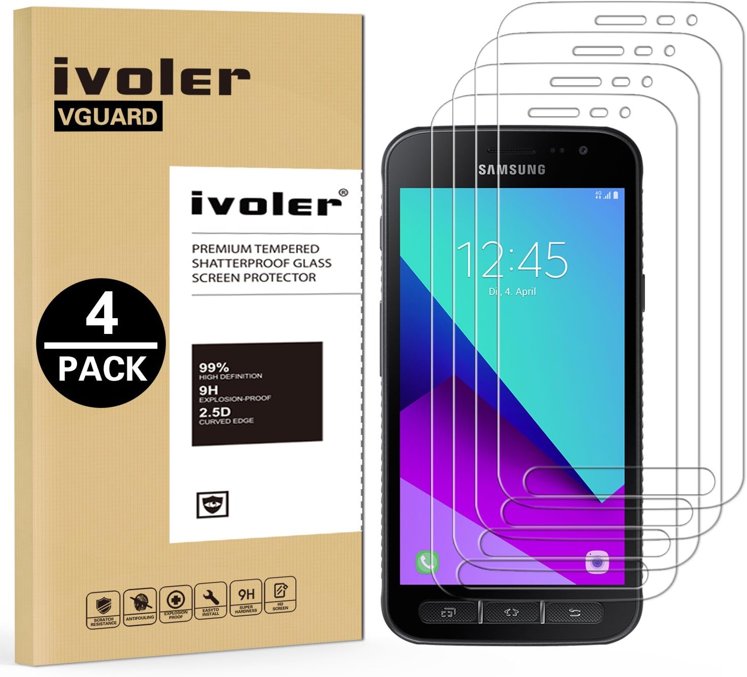 ivoler [4 Pack] Screen Protector for Samsung Galaxy Xcover 4S / 4, Tempered Glass Film for Samsung Galaxy Xcover 4 / 4S [9H Hardness] [Anti-Scratch] [Bubble Free] [Crystal Clear]