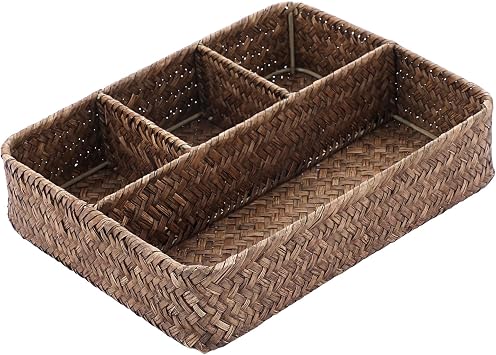 BTSKY Desk Drawer Organizer Tray, Coffee Station Organizer Tea Bag Organizer, Woven Seagrass Storage Basket with 4 Divided Sections Handwoven Wicker Basket for Shelves, Pantry, Coffee Bar Coffee