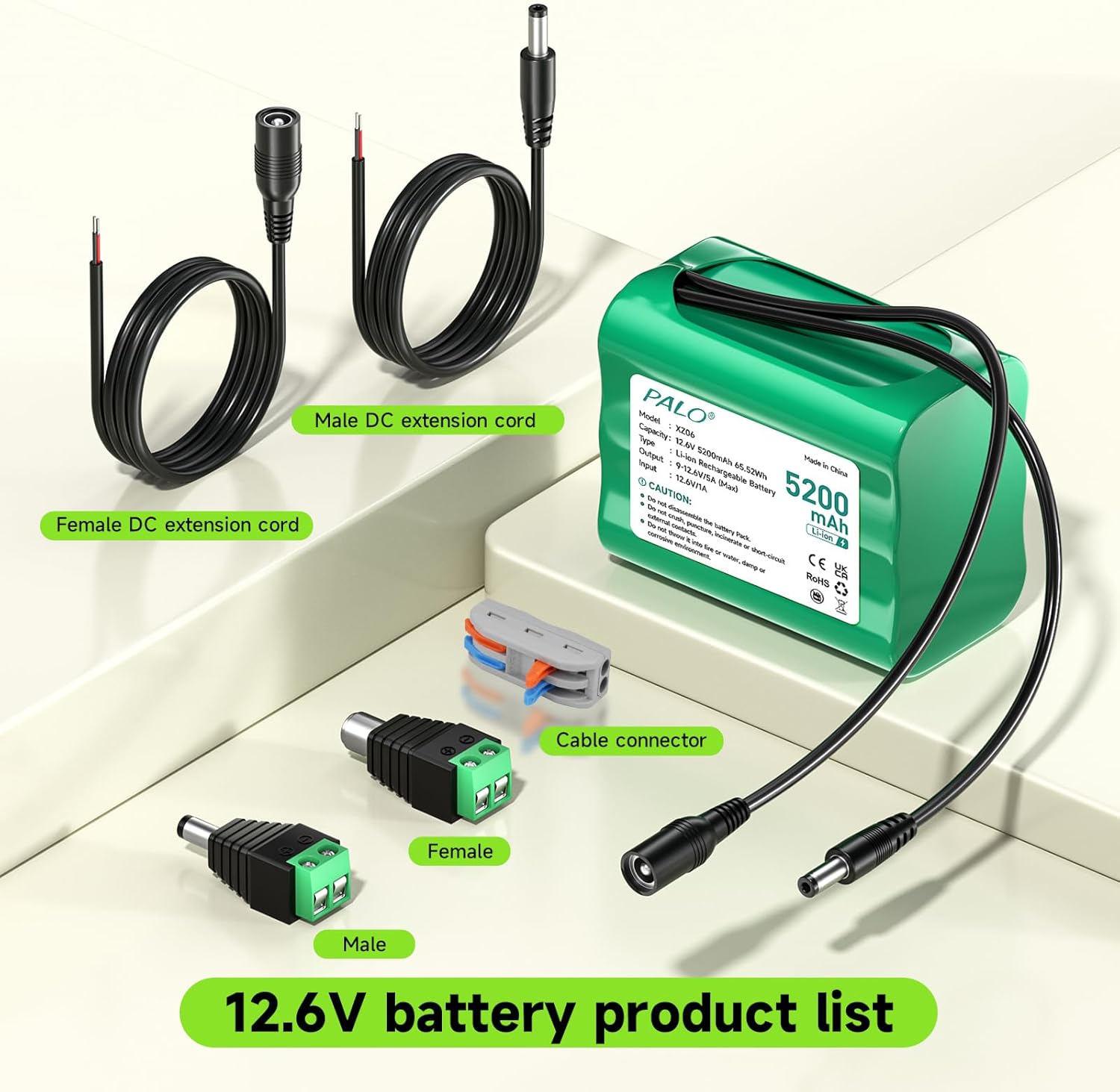 Contents of the Palogreen 12V battery pack package, including the battery, charger, male and female DC extension cords, DC male and female screw terminal adapters, and a cable connector.