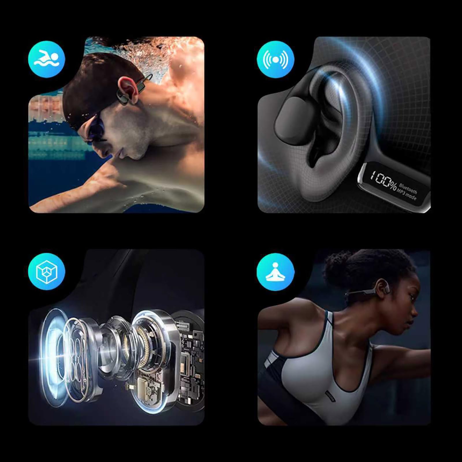 Auriculares MP3 Impermeables para Natación - Clasificación IPX68, Memoria Integrada De 32 GB, Batería De 8 Horas con Pantalla LED, Auriculares Abiertos para Conducir, Ciclismo,Black