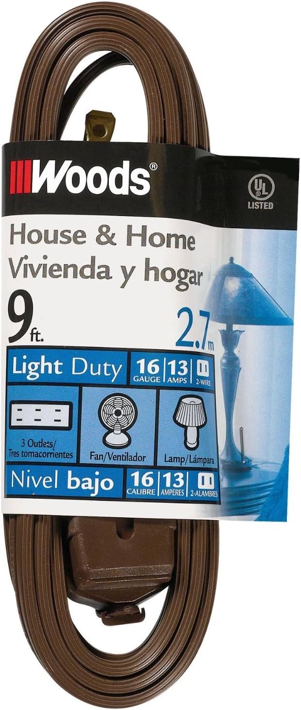 Woods Light Duty Extension Cord, 6Ft, 16 Gauge, SPT-2, 3 Outlet Cube Tap, Indoor Cord, Brown, 0600