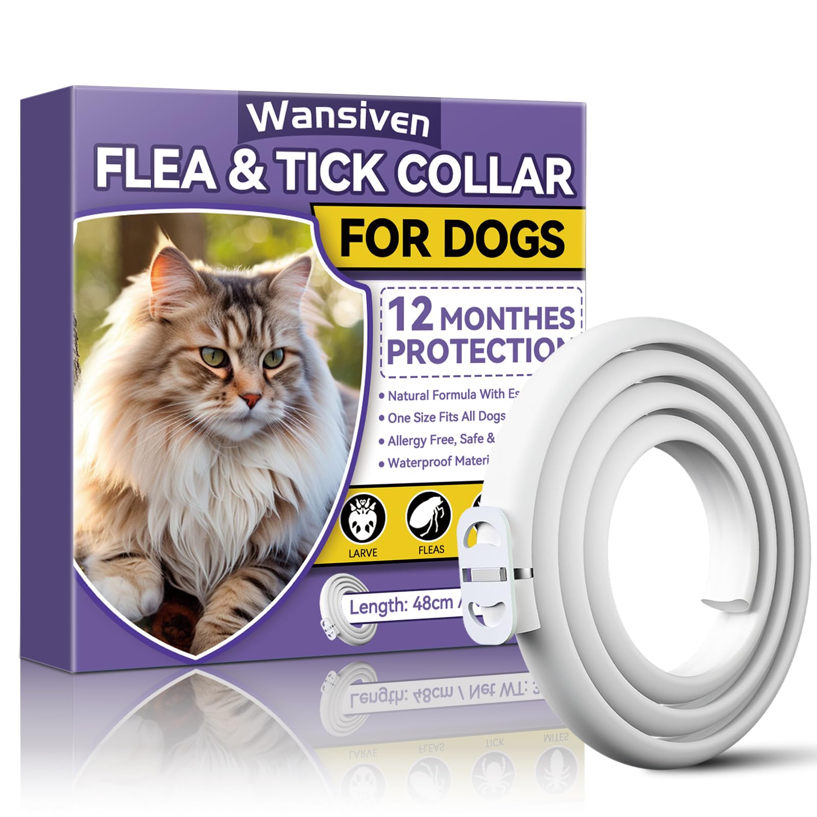 Wansiven Collar Antipulgas para Gatos, Ajustable Collar Antipulgas, Piojos, Pulgas, Parásitos, Adecuado para Gatitos, Gatos Medianos y Grandes 48cm