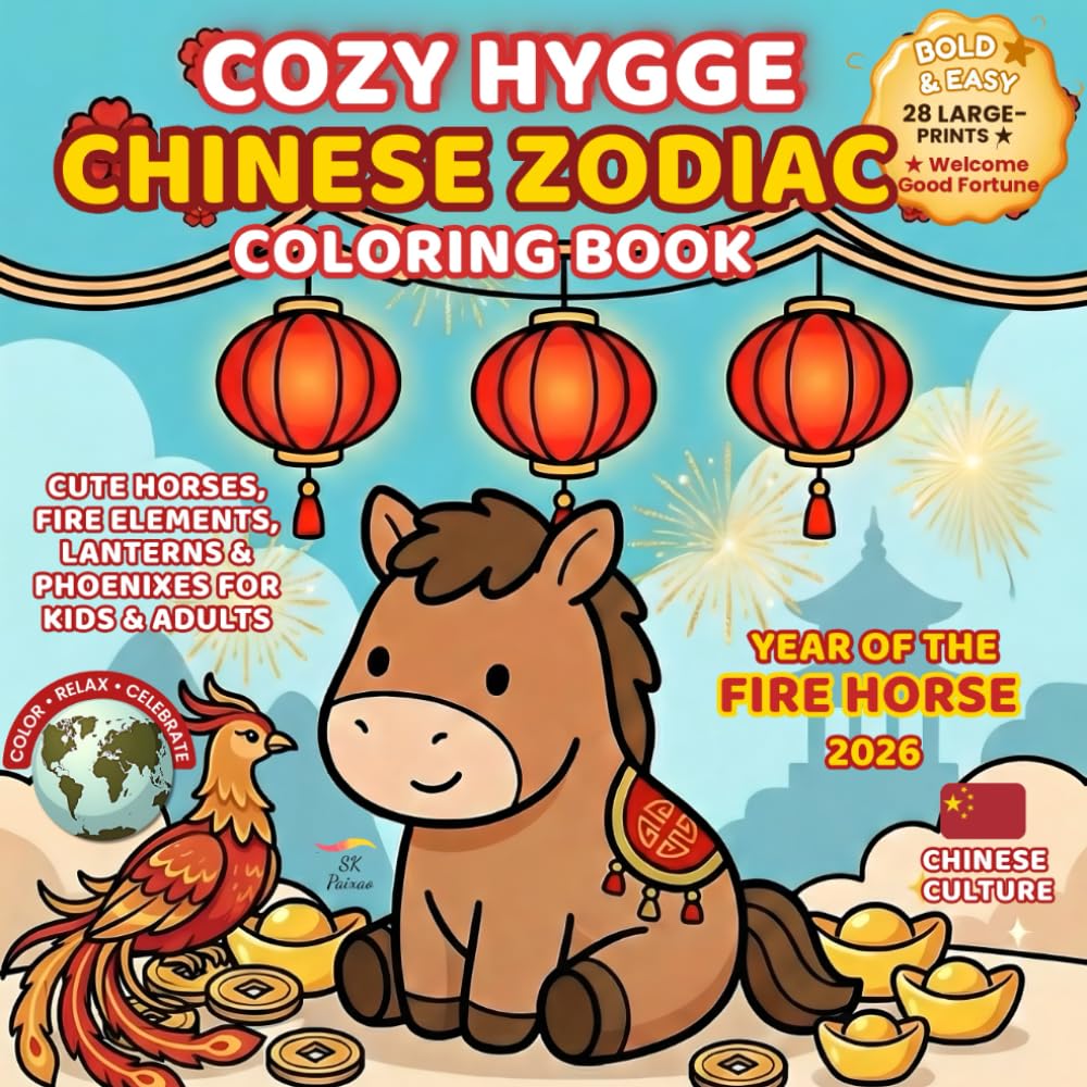 Cozy Hygge Chinese Zodiac Coloring Book: Fire Horse 2026 • Cute Horses, Fire Elements, Lanterns & Phoenixes for Kids & Adults (Festivals of the World – Cultural Traditions to Color & Celebrate)