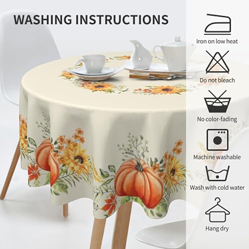 Miniatura 7 de Giwawa Mantel redondo de otoño de 60 pulgadas con diseño de girasoles y calabaza, reutilizable, resistente al calor, lavable, para cocina, comedor,