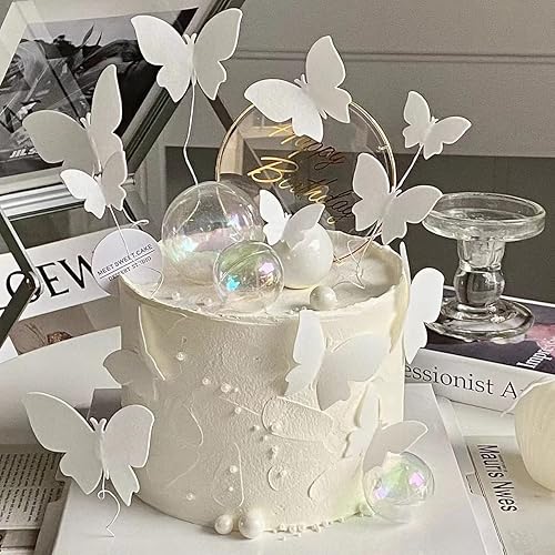 Decoración de pastel de mariposa blanca, 11 piezas de decoración de pastel de mariposa de feliz cumpleaños, decoración de pastel de metal dorado