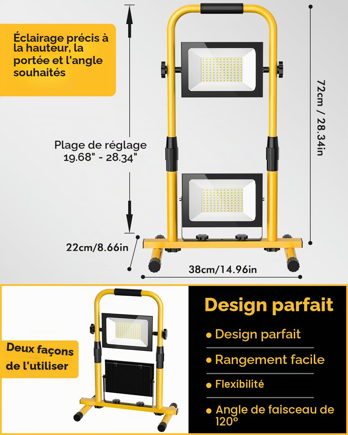 Projecteur LED Chantier 200W, Lampe Chantier LED 10000LM avec Stand Télescopique en Métal, Projecteur Chantier LED Portable Etanche IP66 6500K Blanc Froid pour Atelier, Garage, Construction