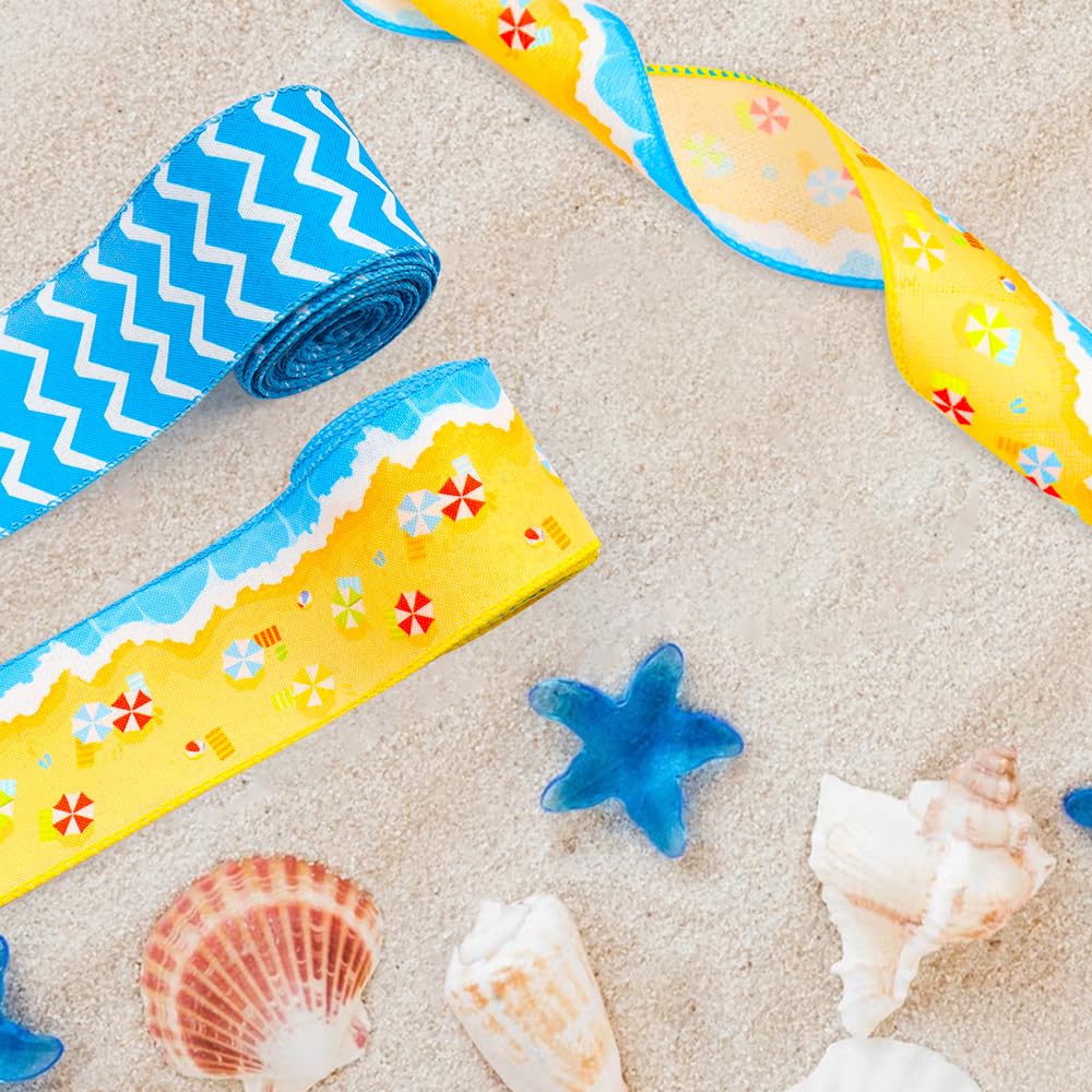 Whaline 4 Rolls Summer Wired Ribbon - Flip Flop & Sunshine Pattern, 2.5 Inch Wide, 24 Yards Total For Crafts