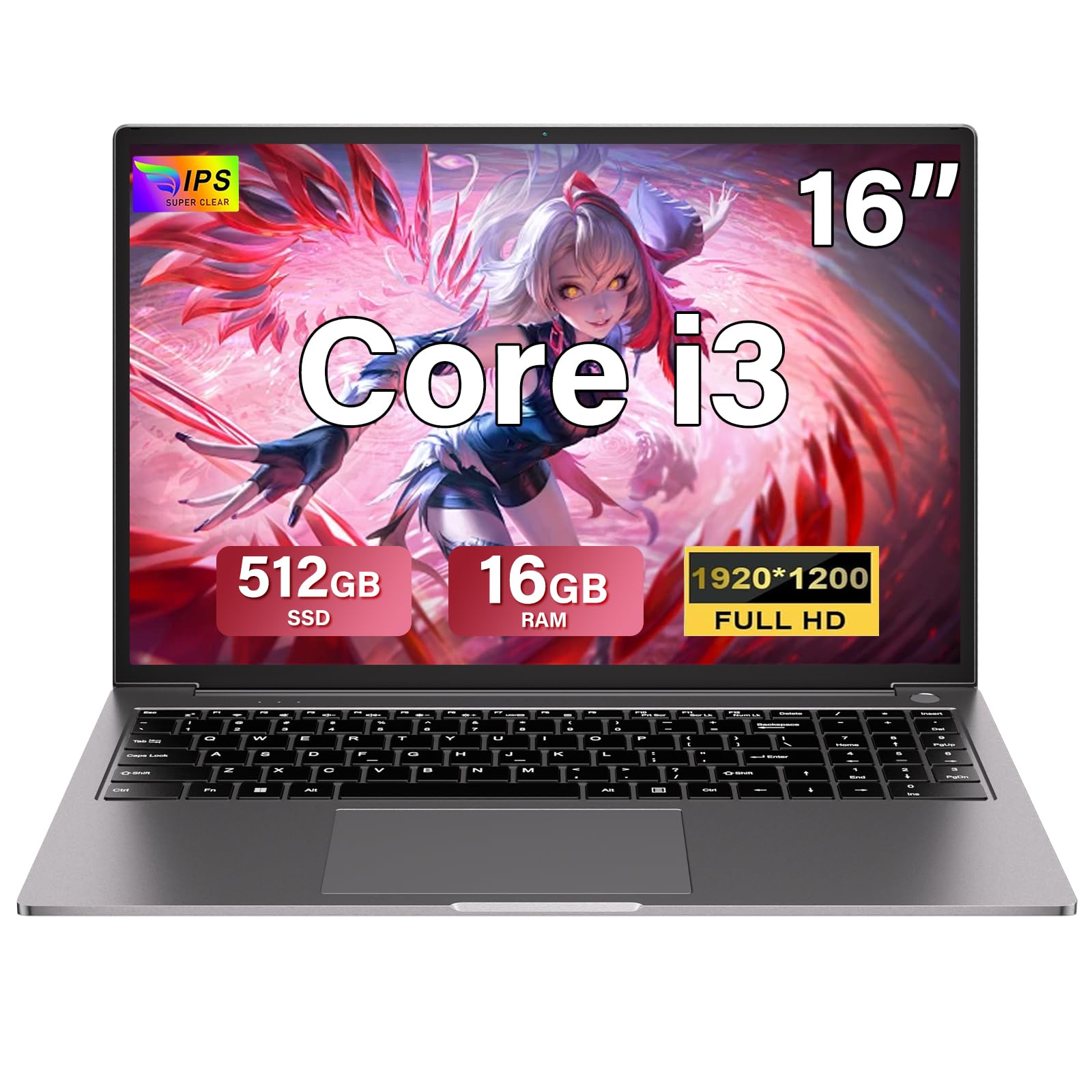 2025 Newest Ordenador Portátil 16 Pulgadas Win11 16+512GB SSD Soporte 1TB SSD Expansión Gaming Ventilador Refrigeración Core i3（hasta 3,2 GHz)WiFi BT4.2 Mini Puerto Multimedia Portátil 1200P-Gray