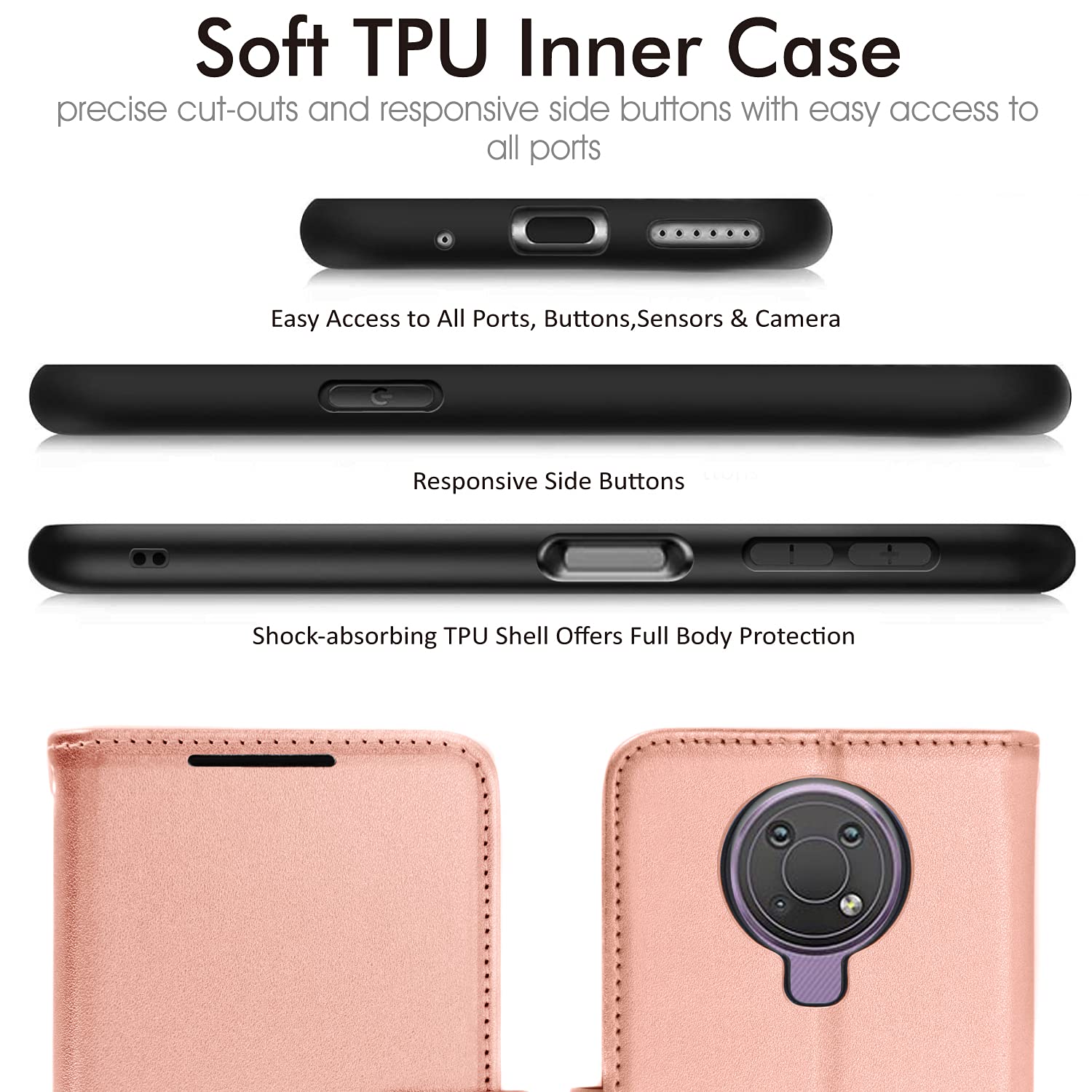Custodia Portafoglio In Pelle Per Nokia G10/G20 – Cover A Libro Con Slot, Supporto E Cinturino Da Polso (Rosa Oro) - 4