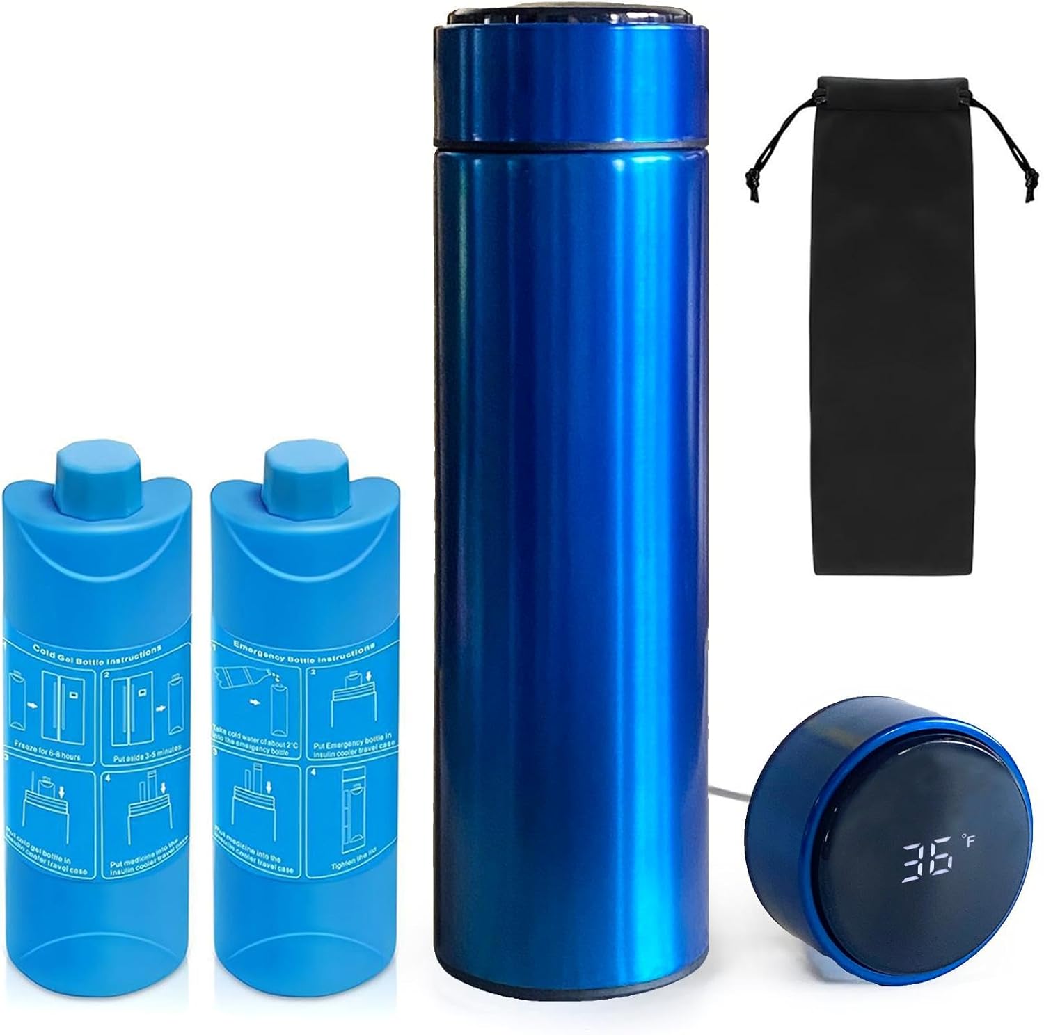 non-Electric Insulin Travel Cooler, Digital Display Medication Cooler, Reusable Gel ice Pack Included,Lightweight Design (Pure blue)