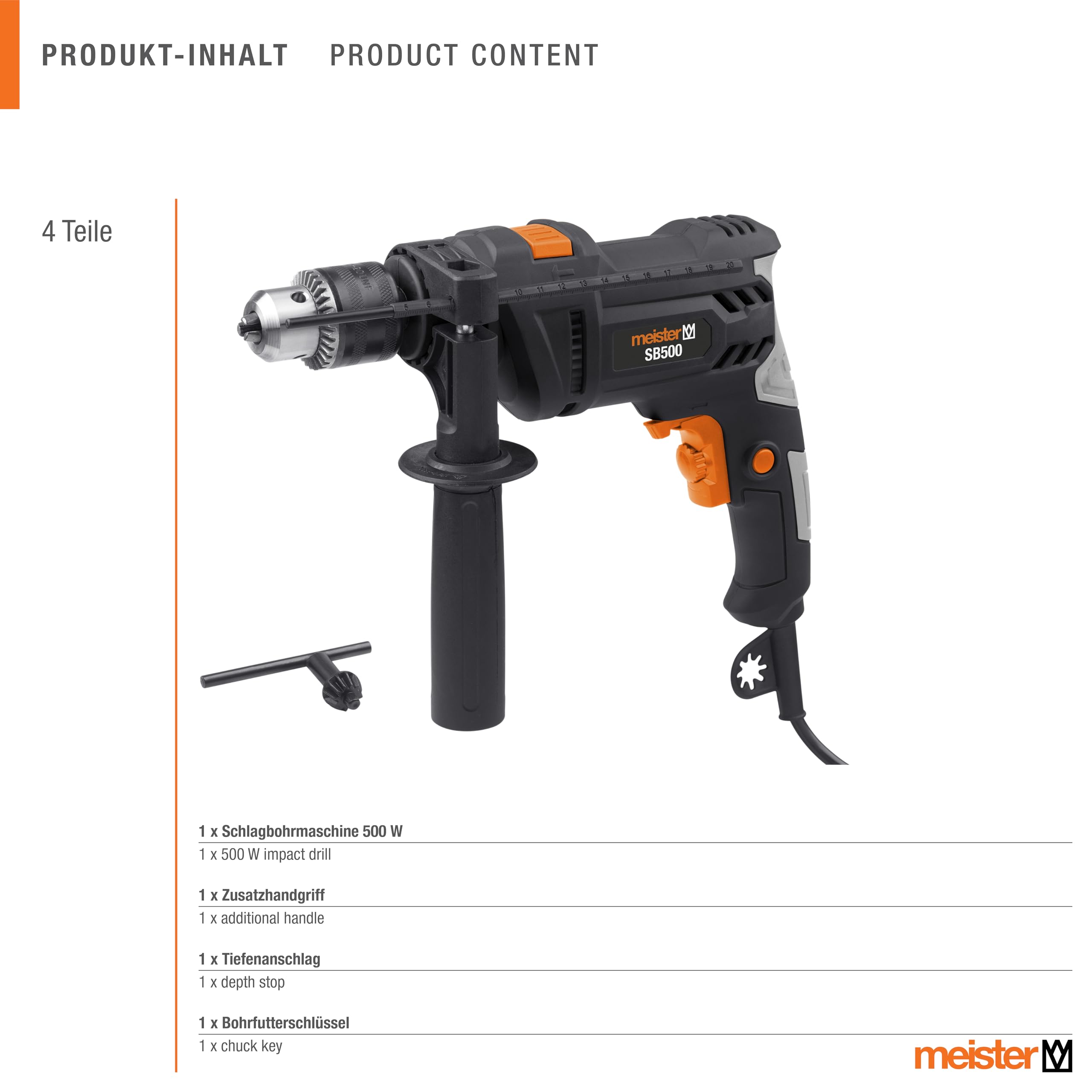 Meister Trapano a percussione 500 W, SB500 – Mandrino a corona dentata – Preselezione della velocità – Con impugnatura aggiuntiva & arresto di profondità/trapano/martello perforatore/trapano a