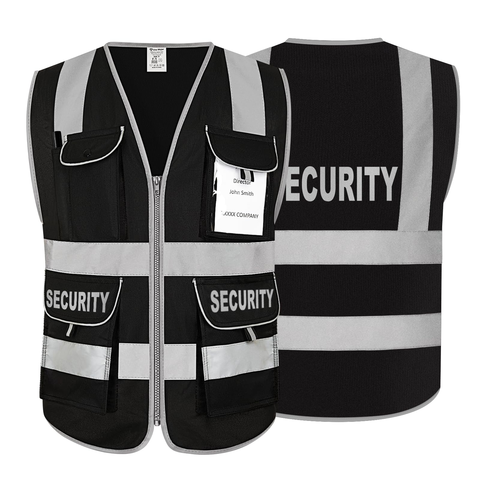 Uno Mejor Security Vest for Security Guard 9 Pockets Hi Vis Safety Vest for Men Women, High Visibility Work Vest with Reflective Strips, Meets ANSI, UG100S-Black 3X-Large