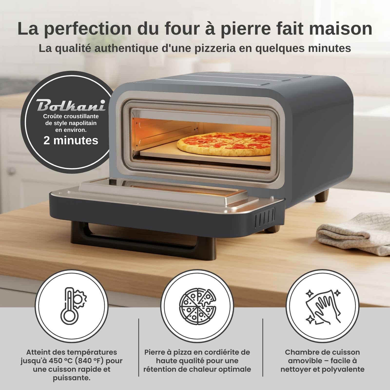 Four à pizza électrique avec pierre à pizza et pelle à pizza – 450 °C pour pizza croustillante au four en pierre en 2 minutes – 1700 W, minuterie, éclairage intérieur et fenêtre de