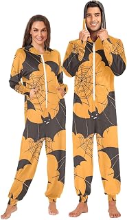 ALAZA Halloween Bats Spiders Web Adult Onesie Pajamas Set for Men Women Hooded Costume One-Piece Sleepwear Jumpsuit
