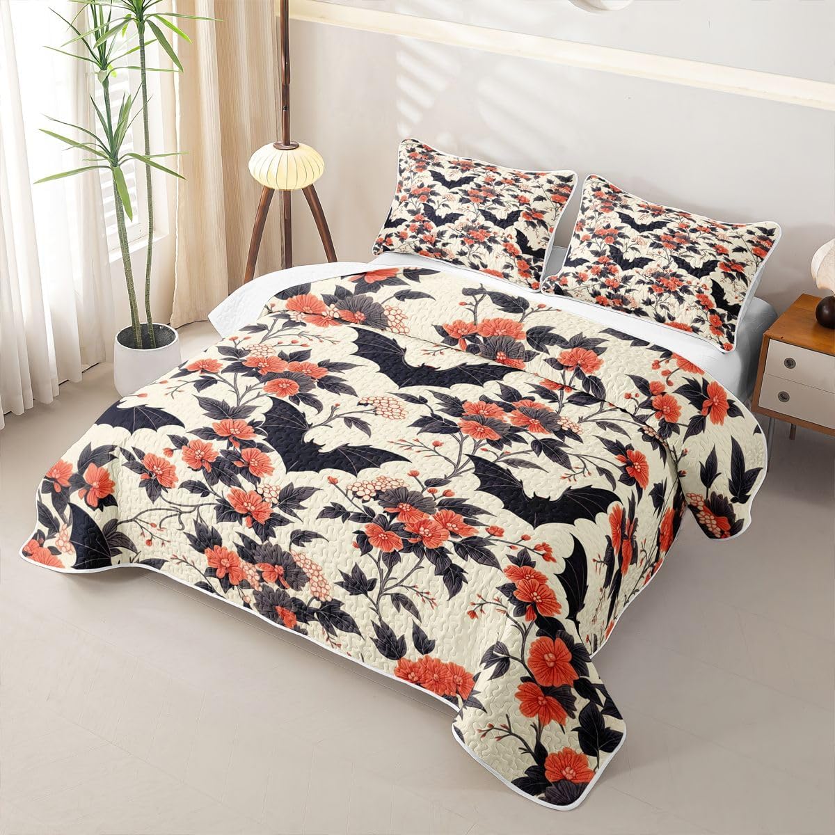 Feelyou Gothic Bat Quilt Set Queen Size Botanical Flower3 Pieces Bedspread Coverlet Set for All Season Halloween Themed Bedding Kids Boys Girls Adults Comforter