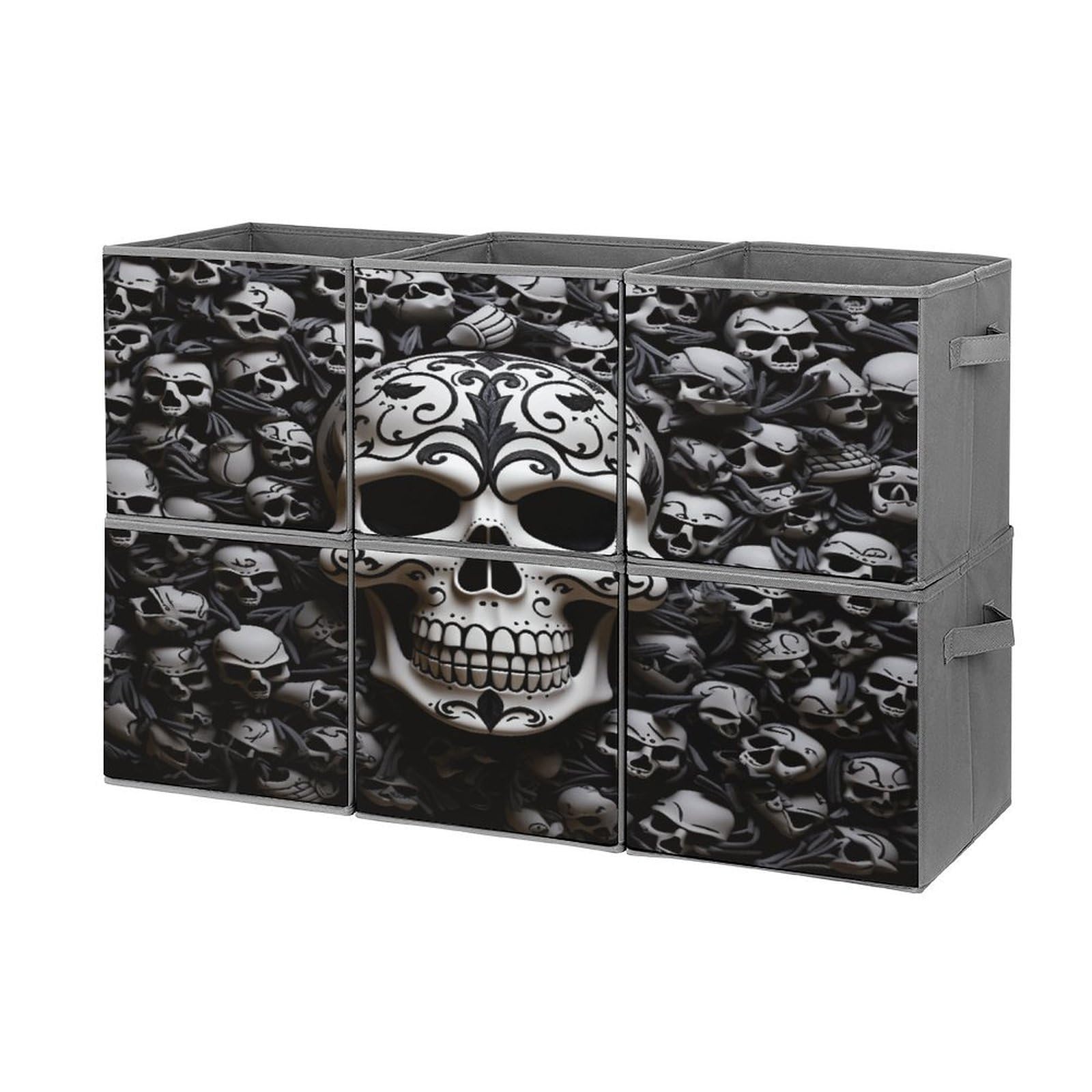 FodPand Black And White Skulls Storage Bins Cubes Fabric Cube Organizer Foldable Storage Boxes Large Storage Baskets Oxford Cloth Cube Bins for Home Clothes Closet Organizers 6 Pack